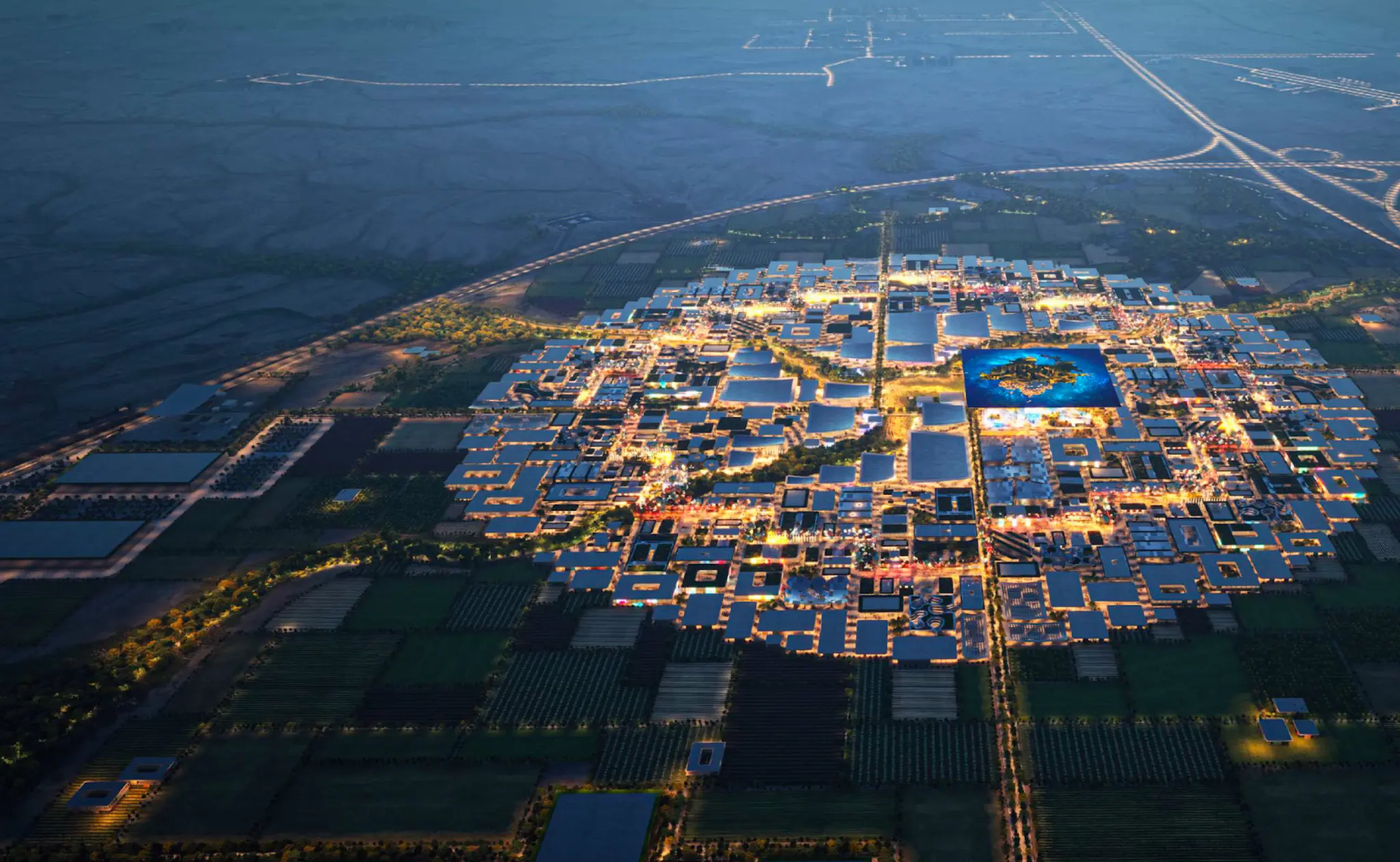 صورة علوية لمدينة الامير محمد بن سلمان، تُظهر تصميمها العمراني الحديث كمشروع غير ربحي.