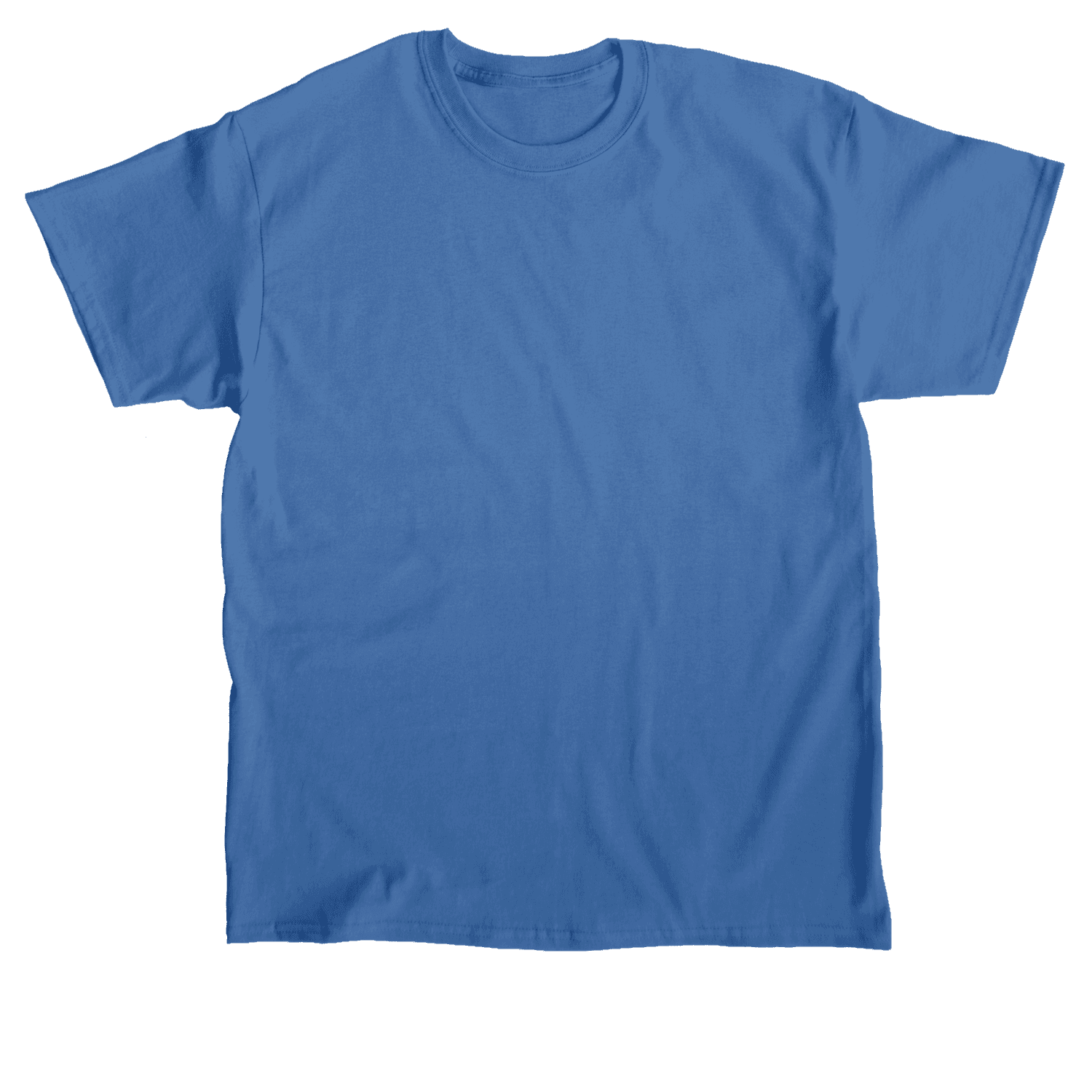 A bright blue, short-sleeved t-shirt displayed on a teal background.