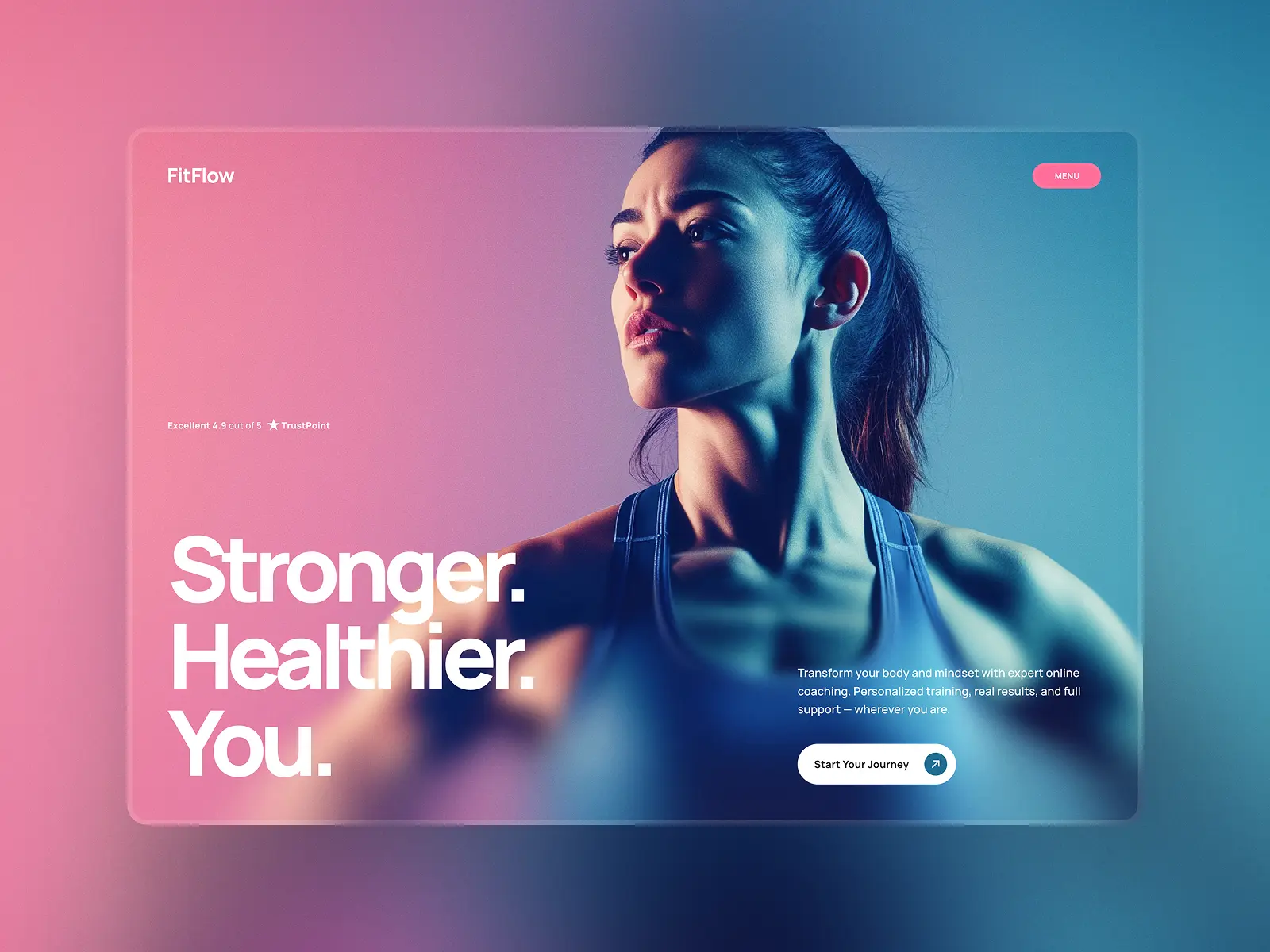 Featured preview of FitFlow, a fitness coaching Framer template showcasing a modern personal trainer landing page with a bold hero section.