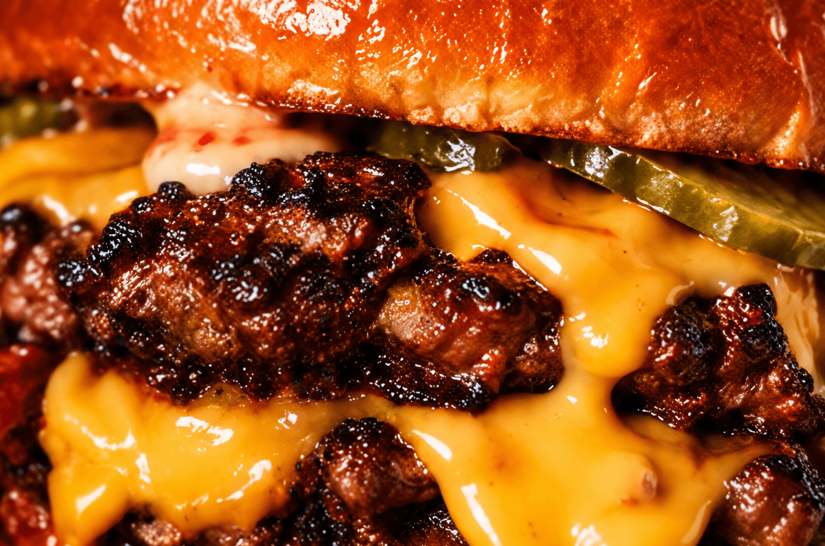 Close-up of a double smash burger with melted cheese