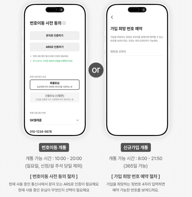 스카이라이프 알뜰폰 번호이동과 신규가입 개통 선택 가이드입니다. 번호이동 시 ARS/문자 사전 동의 절차와 신규가입 시 희망 번호 예약 절차를 보여주며, 각각의 개통 가능 시간이 안내되어 있습니다.
