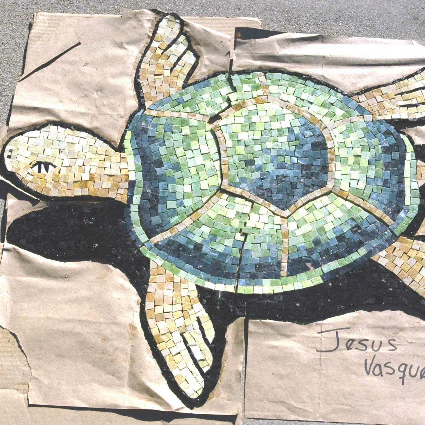 Green sea turtle mosaic, hand-cut smalti in greens and golds, paper-faced in the studio and ready to set.