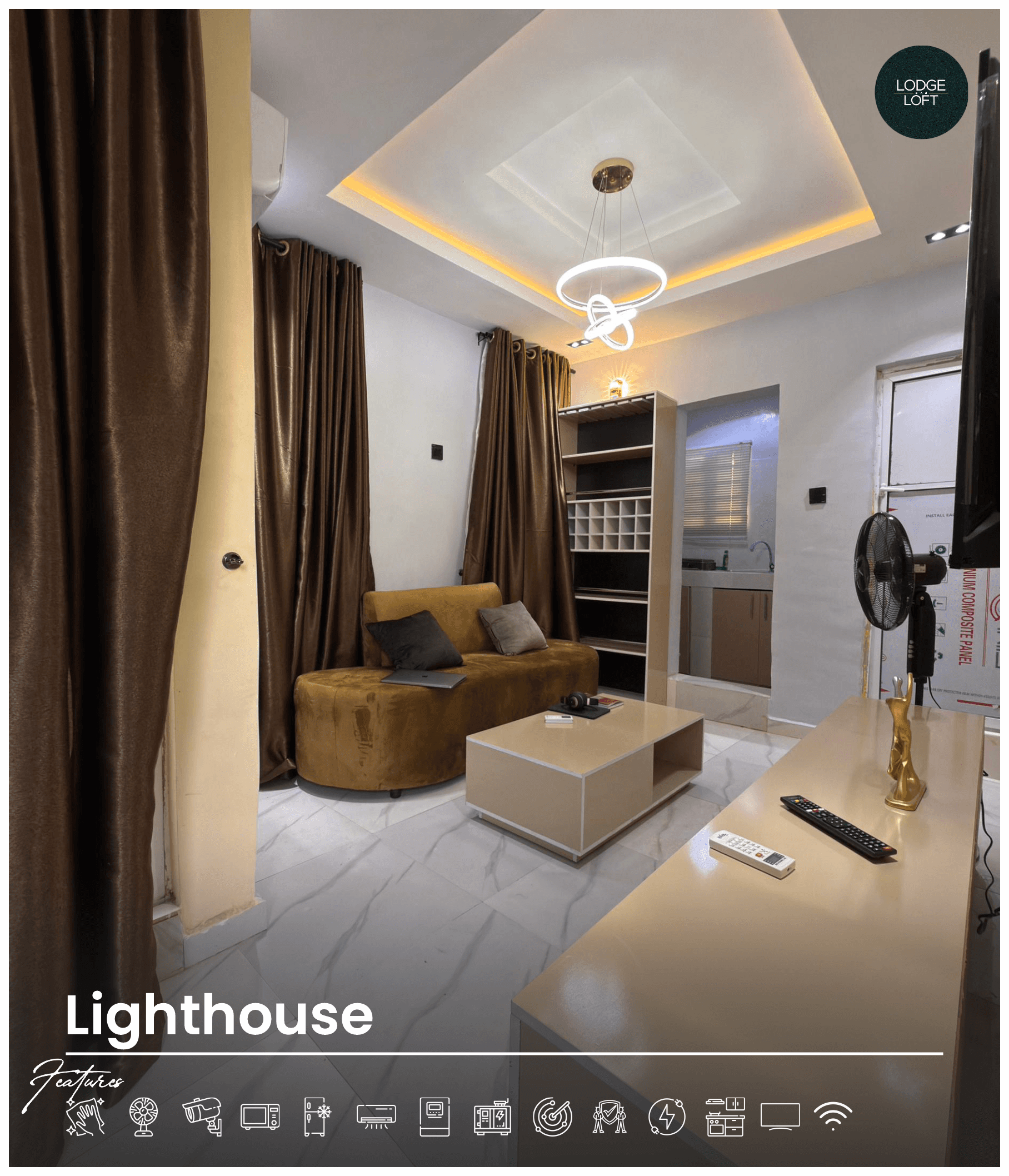 Bright living area at Lighthouse Isimi Apartment, one-bedroom shortlet in Gbagada, Lagos