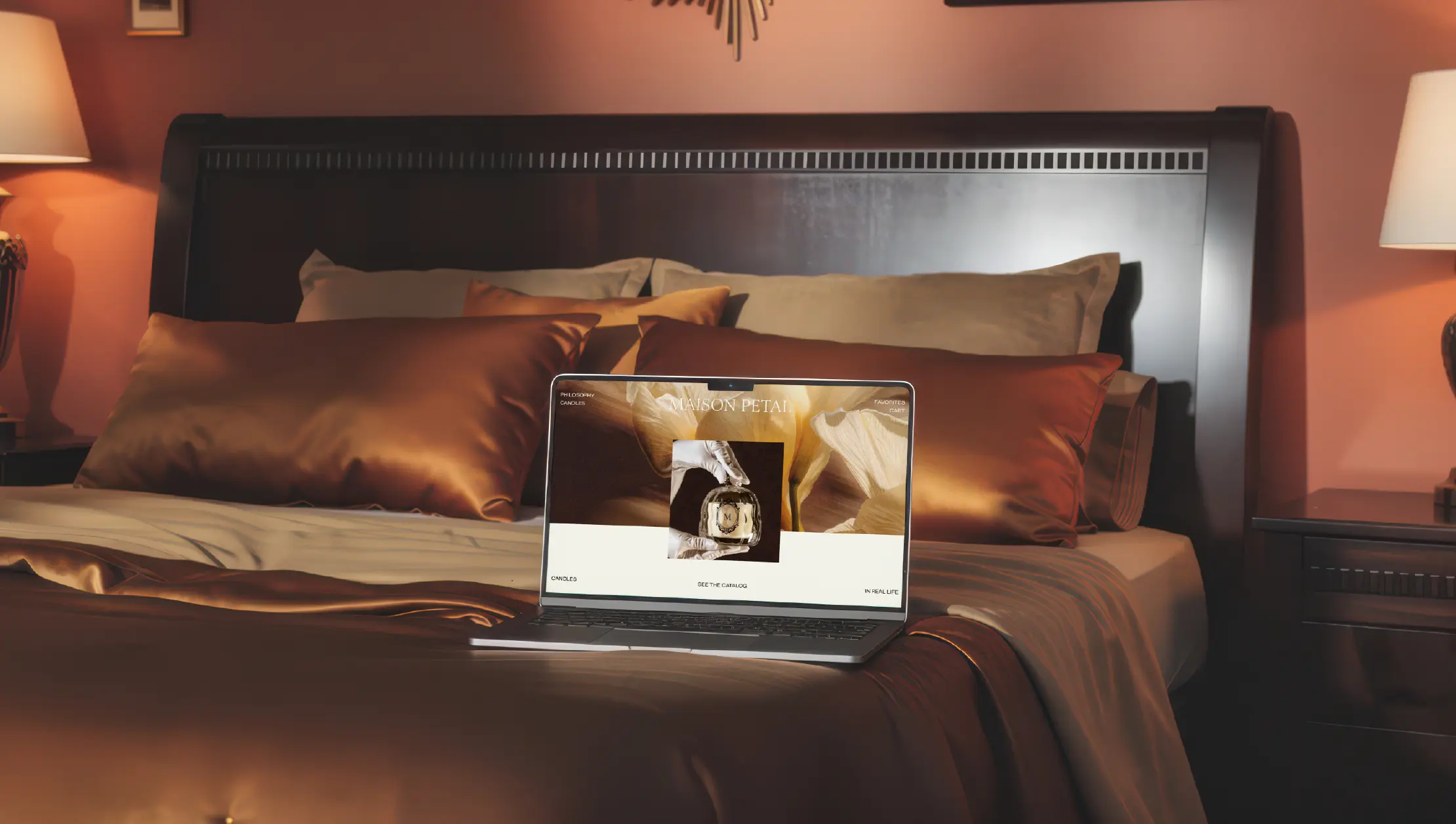 E-commerce website design for Maison Petal luxury fragrance brand displayed on laptop in branded interior