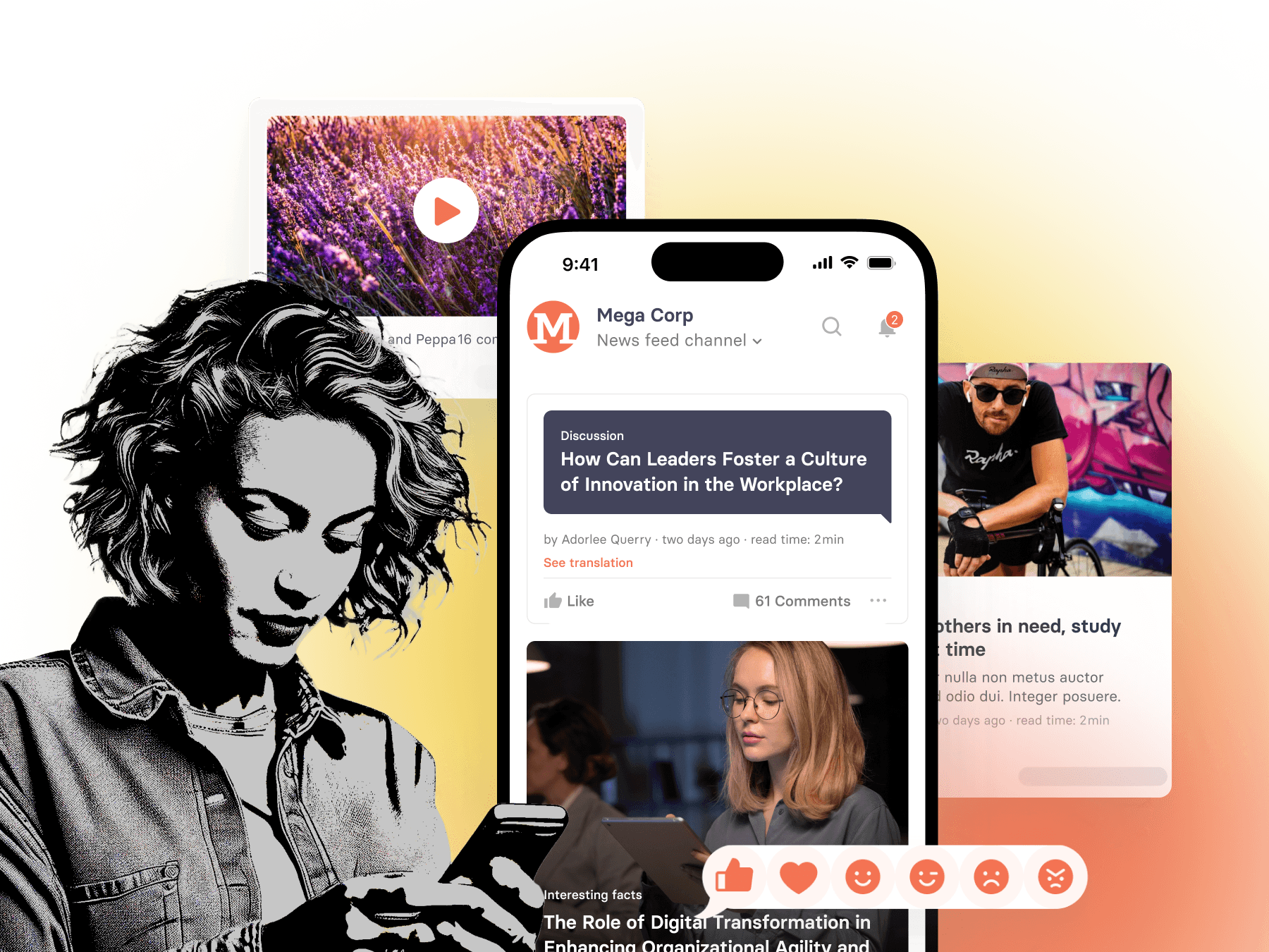 Illustration showcasing tchop's employee communication app, highlighting how it enhances employee engagement through branded mobile apps, a social intranet experience, and seamless communication for both remote and on-site teams.