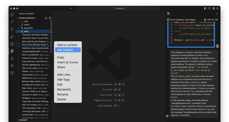 Using right-click > Ask Copilot in Pieces for VS Code.