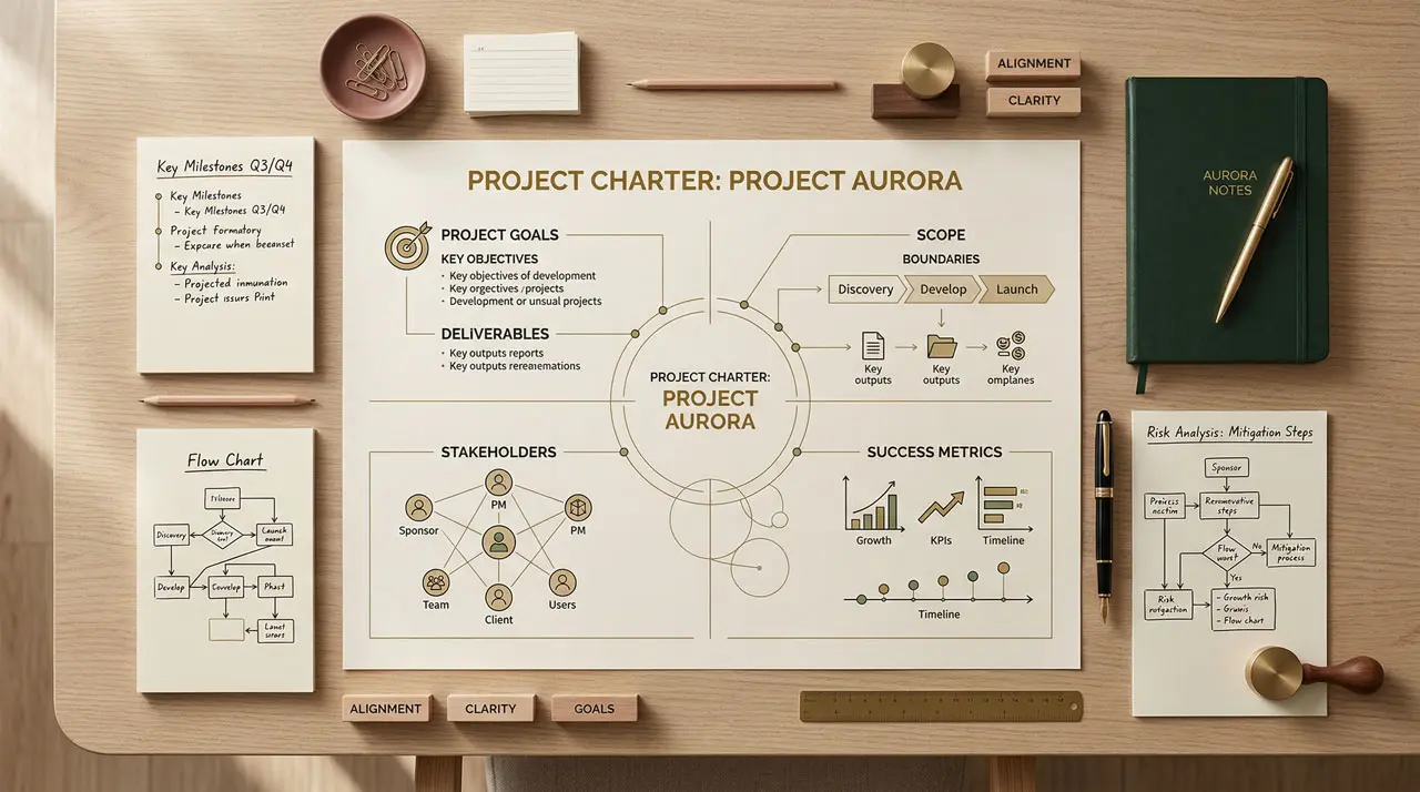 Mesa de trabajo con notas y diagramas organizados que representan los componentes de un Project Charter.