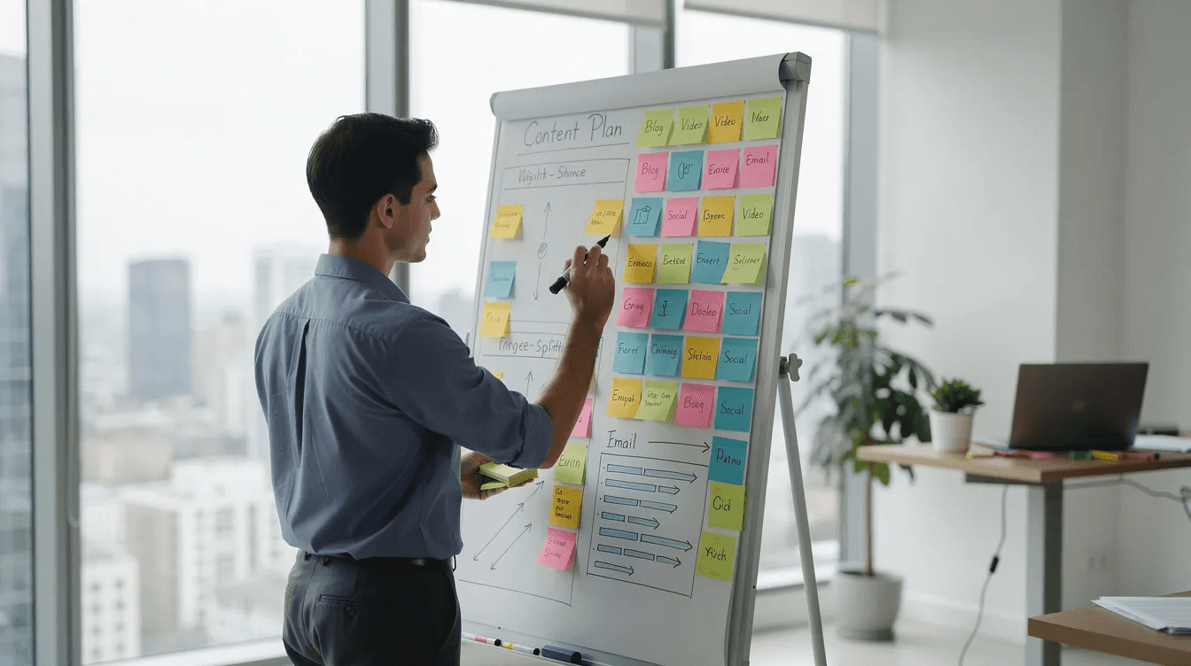Una persona está escribiendo un plan de contenido en una pizarra blanca, rodeada de notas adhesivas en una oficina moderna. Este proceso es fundamental para crear una estrategia de marketing que guíe la creación de contenido y publicaciones en redes sociales dirigidas al público objetivo.