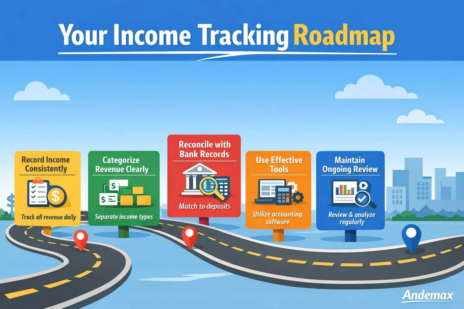 Infographic showing a five-step roadmap for accurate income tracking for small businesses