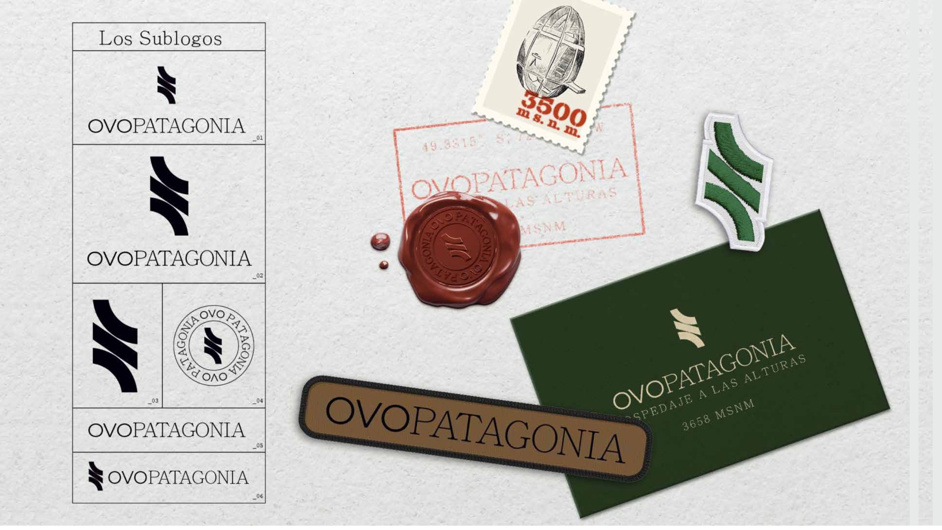 Guía de marca Ovopatagonia: seis sublogos en columna; a la derecha sello de cera, tarjeta verde, parche, etiqueta y estampilla.