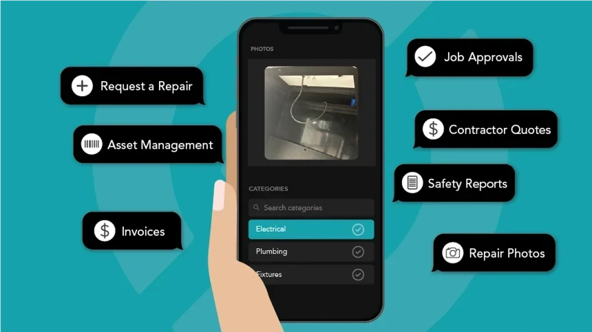 Ticked Off mobile platform showing repair requests, job approvals, contractor quotes, asset management, invoices, safety reports and repair photos.