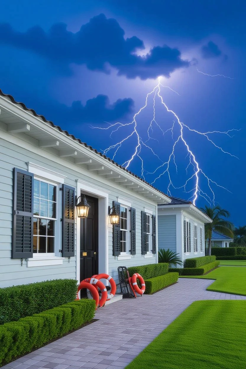 A coastal property with storm shutters and specialized hurricane preparedness equipment, with strong winds and dark clouds in the background.In Soth FL USA