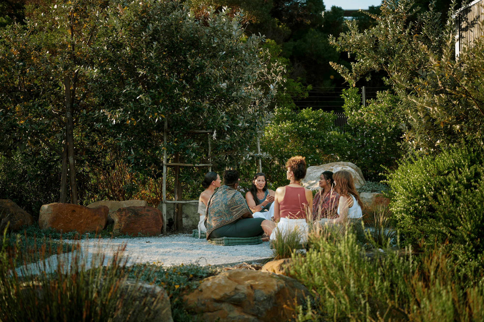 A group of four people engaged in a discussion while seated in a cozy, plant-filled setting.
