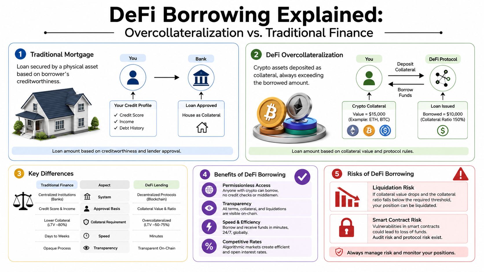 An infographic comparing traditional mortgage loans against decentralized finance crypto overcollateralization with key benefits and risks explained.