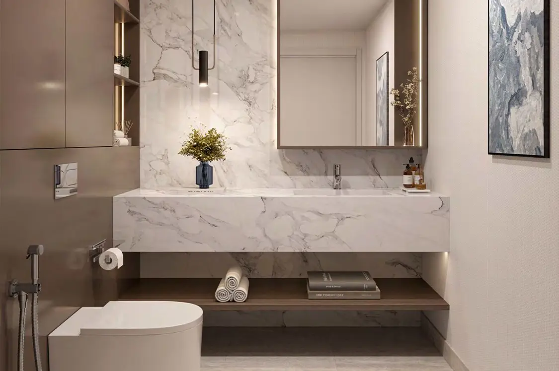 A contemporary bathroom with a bathtub and toilet, highlighting a clean and modern interior design.