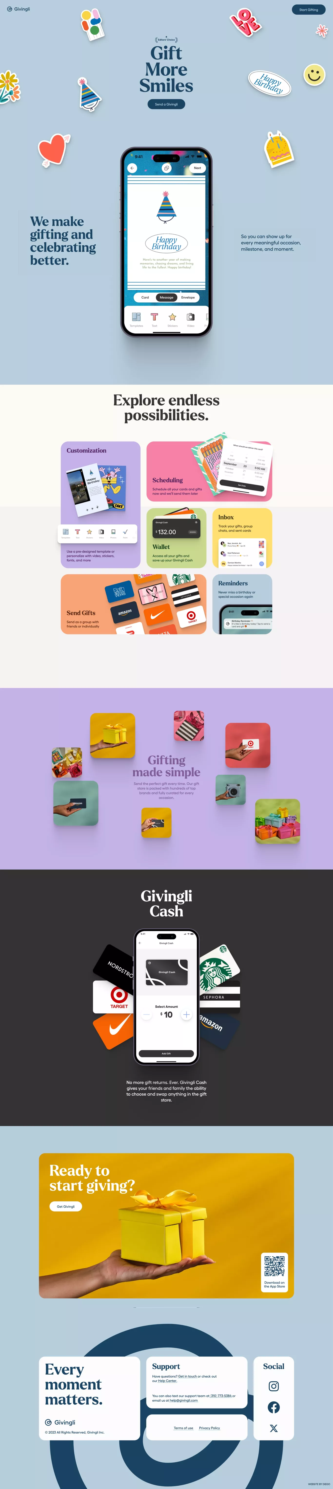 Givingli - Level Up Your Gifting landing page screenshot showcasing Tech and Finance design
