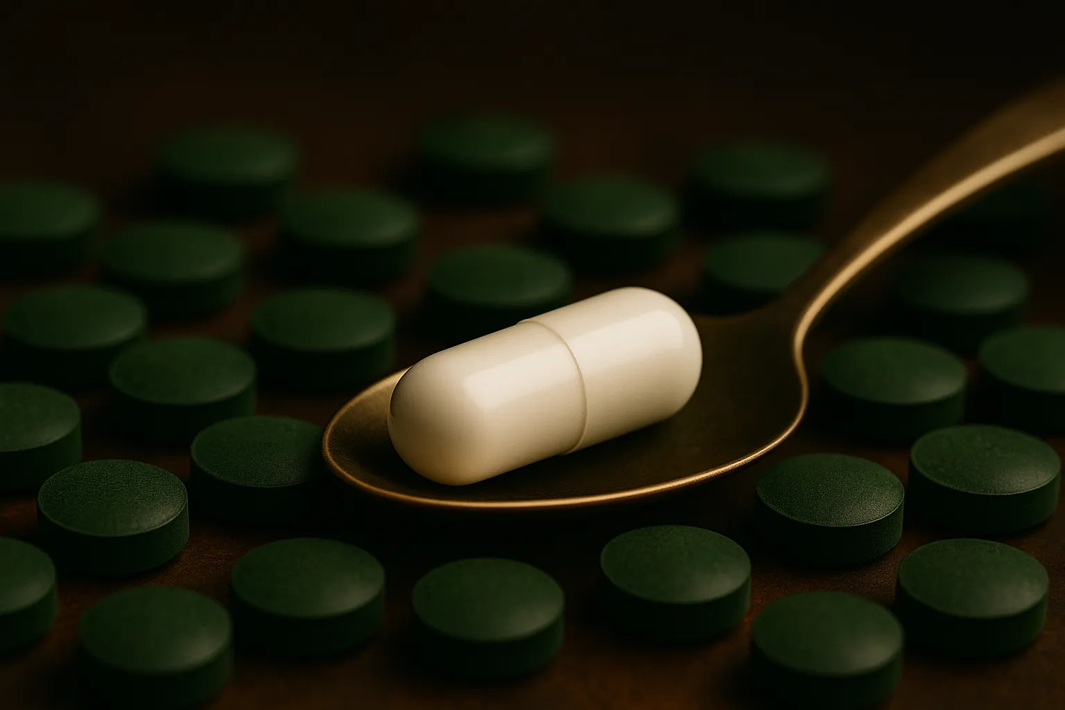 Chlorella - White chlorella capsule on a spoon surrounded by green tablets