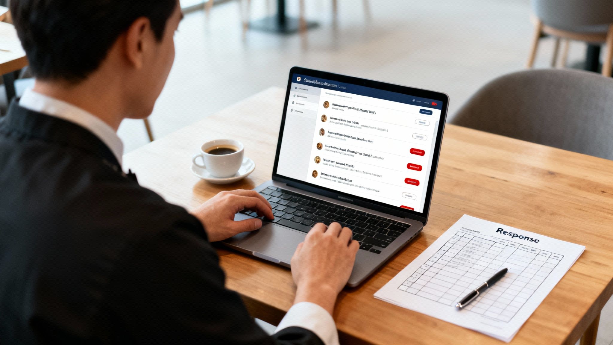 A person in a business suit works on a laptop showing a restaurant reputation management interface.