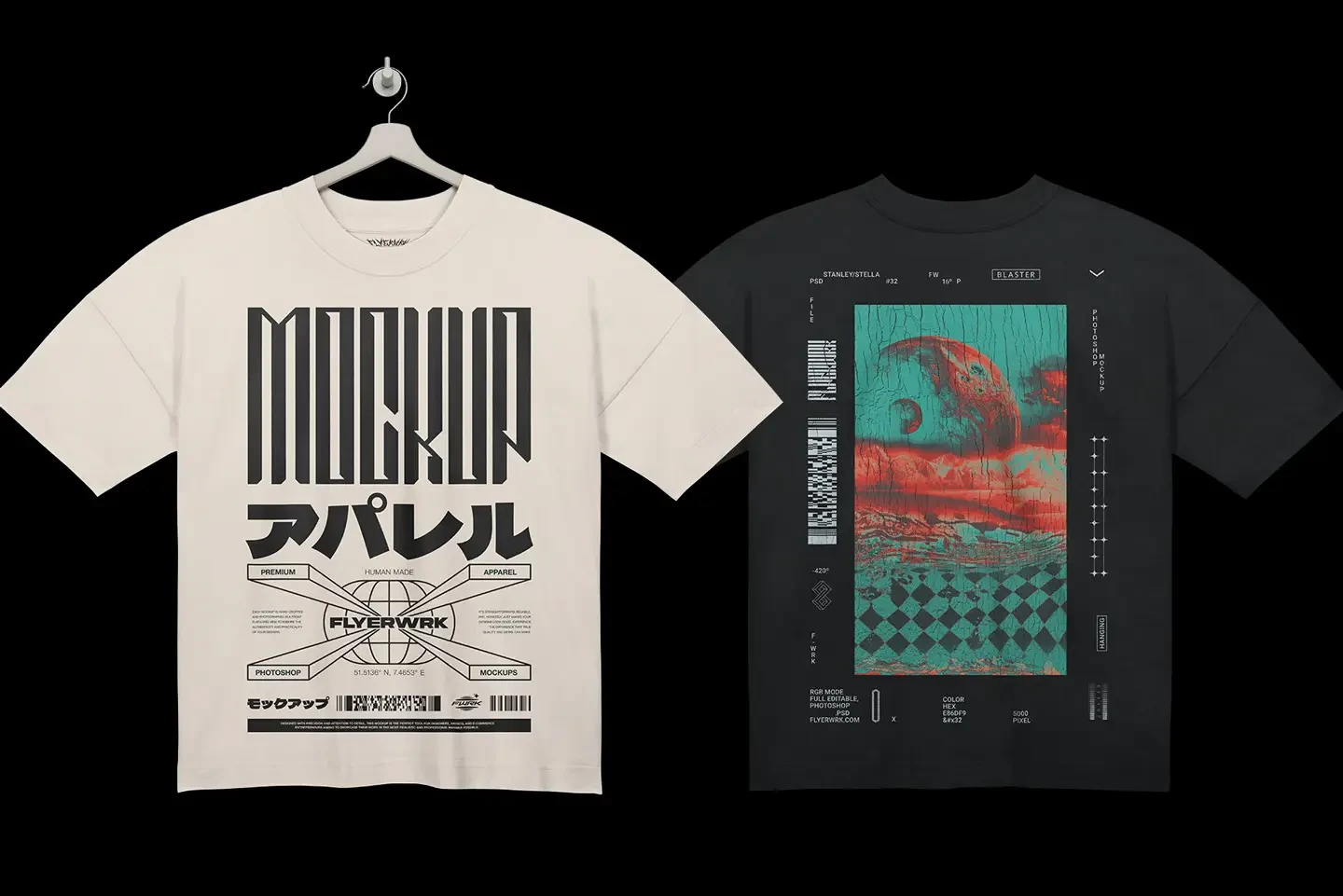 Stanley Stella Blaster T-Shirt Hanging mockup showing front and back design preview