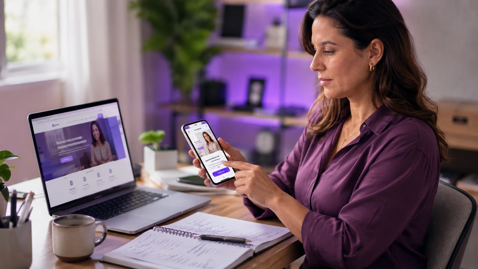 Mulher vendo seu site no celular e computador