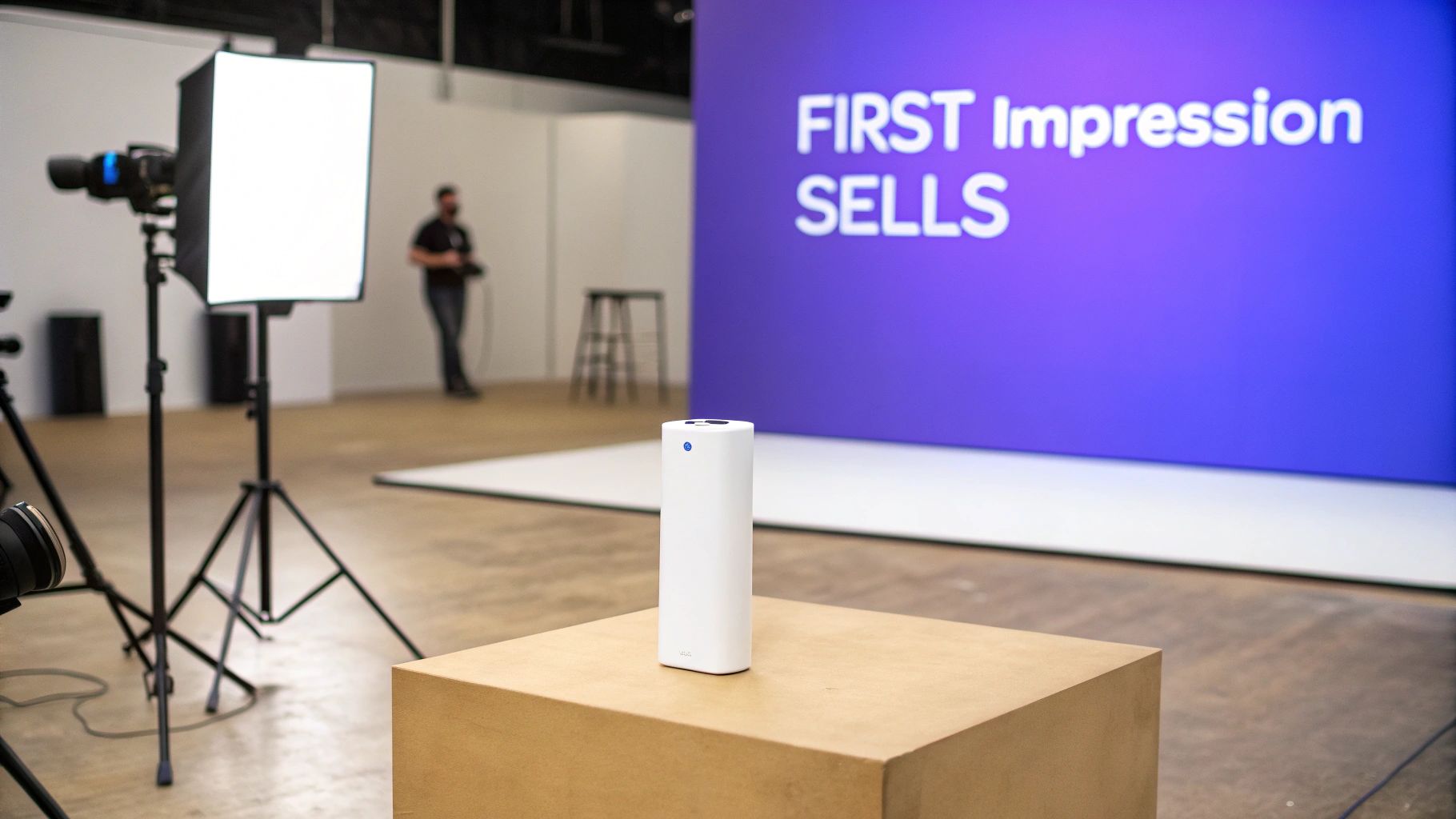 White product on pedestal in professional photography studio with lighting equipment and presentation screen