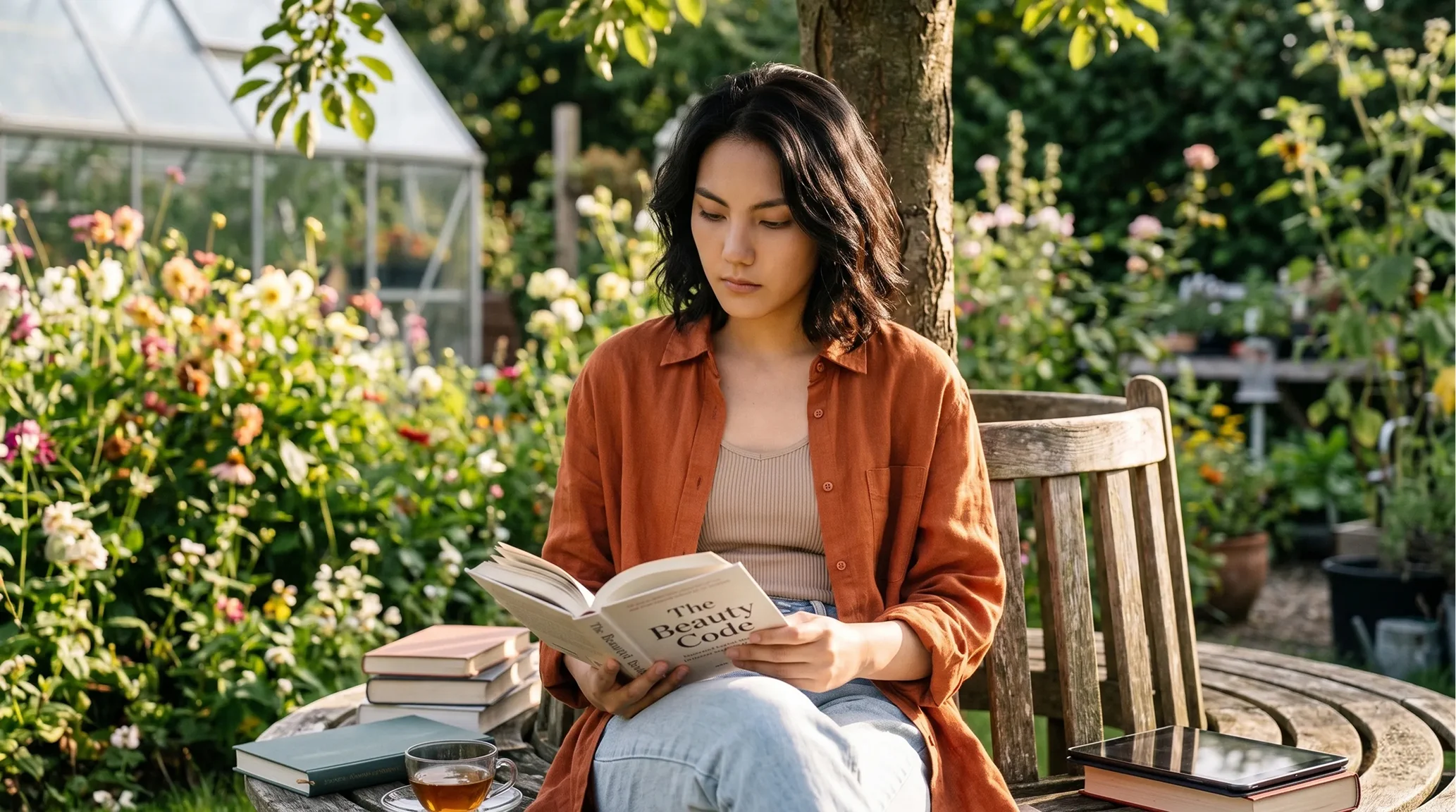 A young woman sitting outdoors in a garden, relaxed and reading a book titled "The Beauty Code".