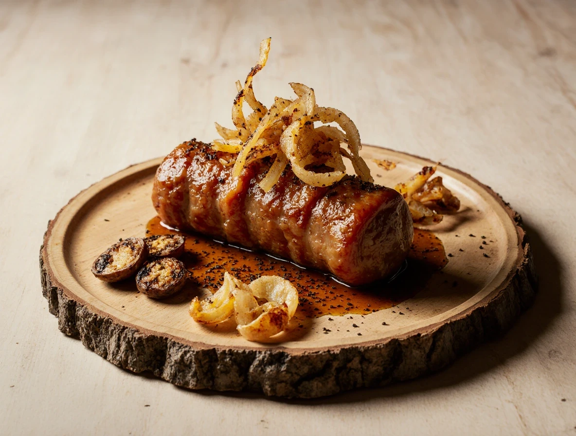 Kiełbasa gruba na drewnianej tacce.