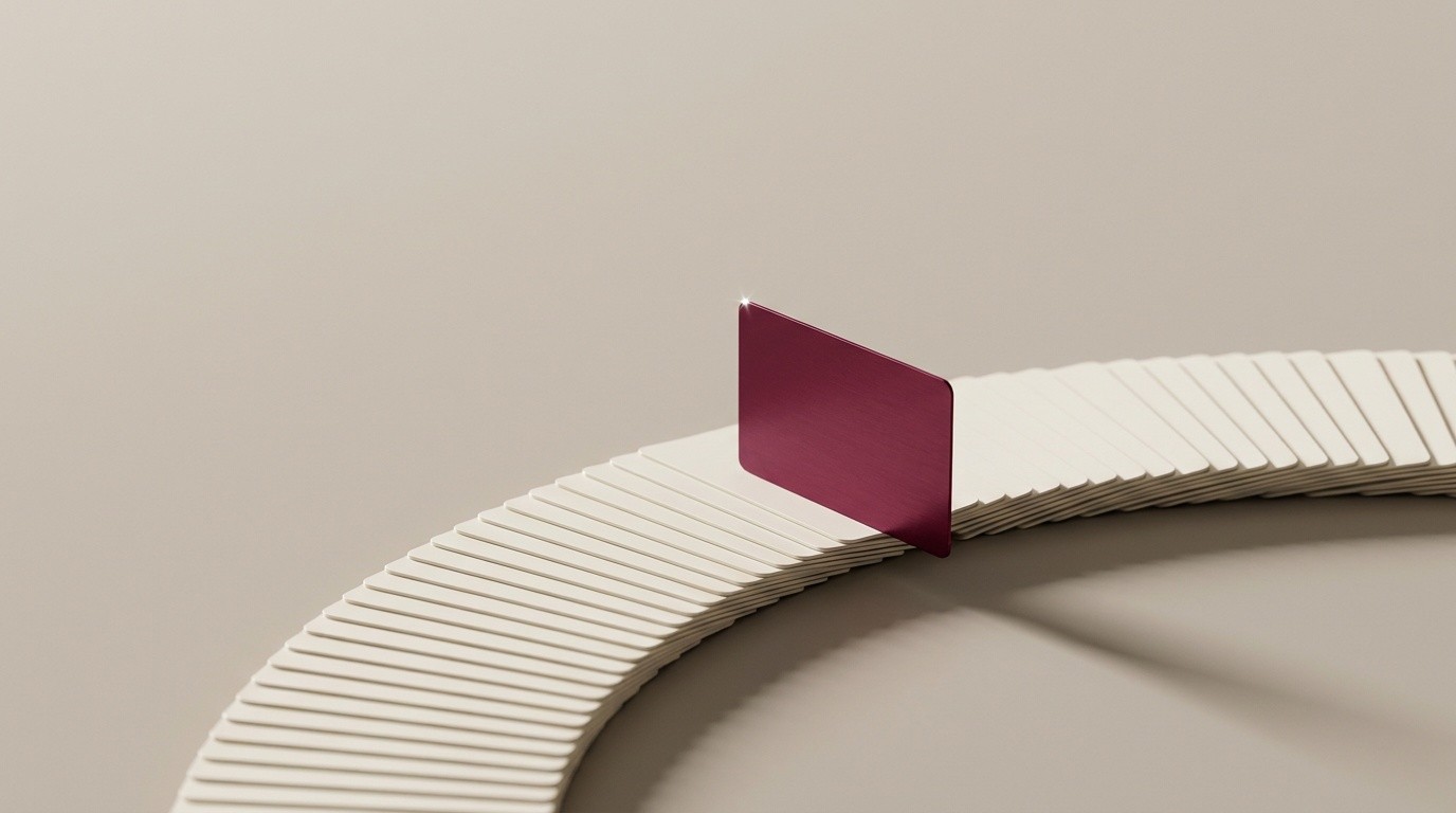 A fanned arc of blank cream cards with one card in deep wine, evoking the record-by-record verification behind a background screening file
