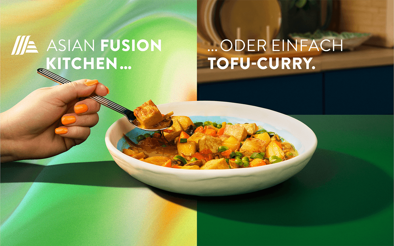 Bowl of tofu curry presented in a colourful social-first visual highlighting approachable plant-based meals.