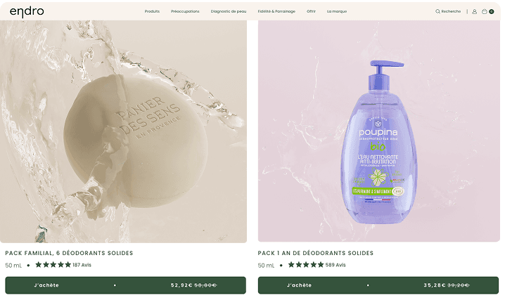 Panier des Sens soap and Poupina shampoo with water splash, eCommerce PDP interface