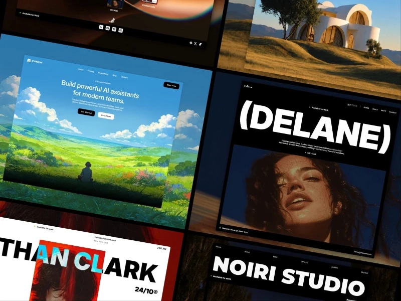 Visual collage showcasing modern Framer templates and web layouts featuring bold typography, clean editorial design, and responsive sections.