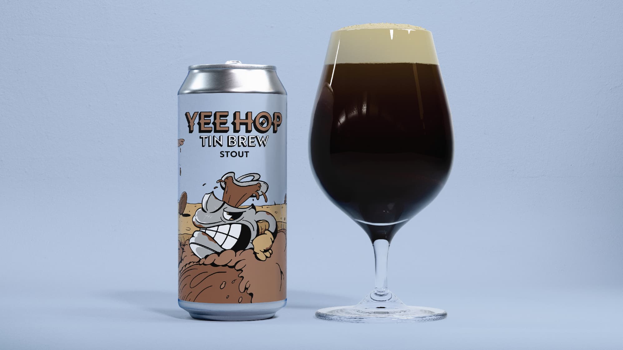 YeeHop Tin Brew Stout beer can beside a pint glass filled with stout, featuring a playful rubber-hose–style label showing a Wild West scene with a kettle character floating down a river of coffee beans, set against a blue background.