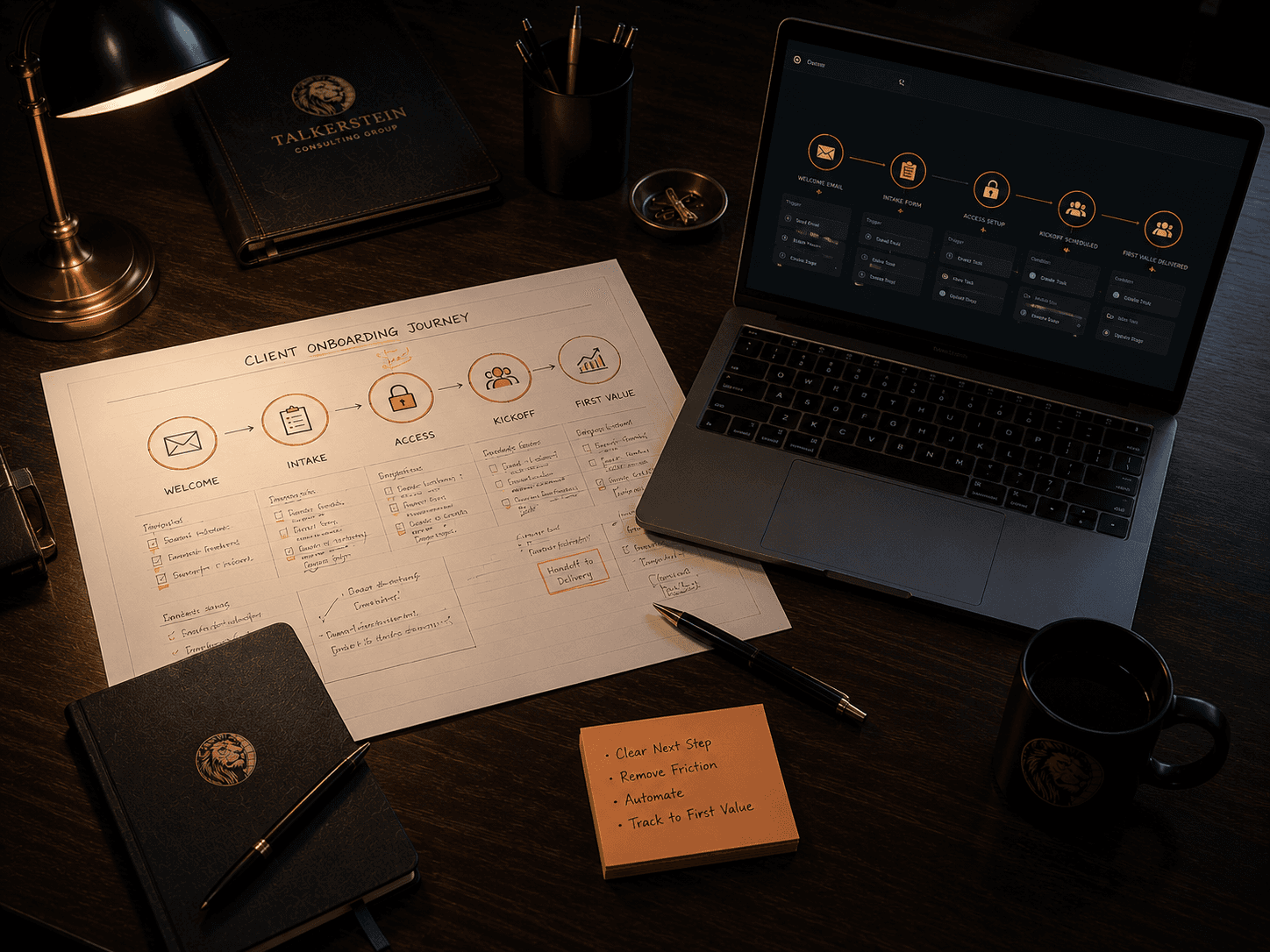 Client onboarding automation workspace showing a mapped onboarding journey beside a laptop with automated welcome, intake, access, kickoff, and first-value stages.
