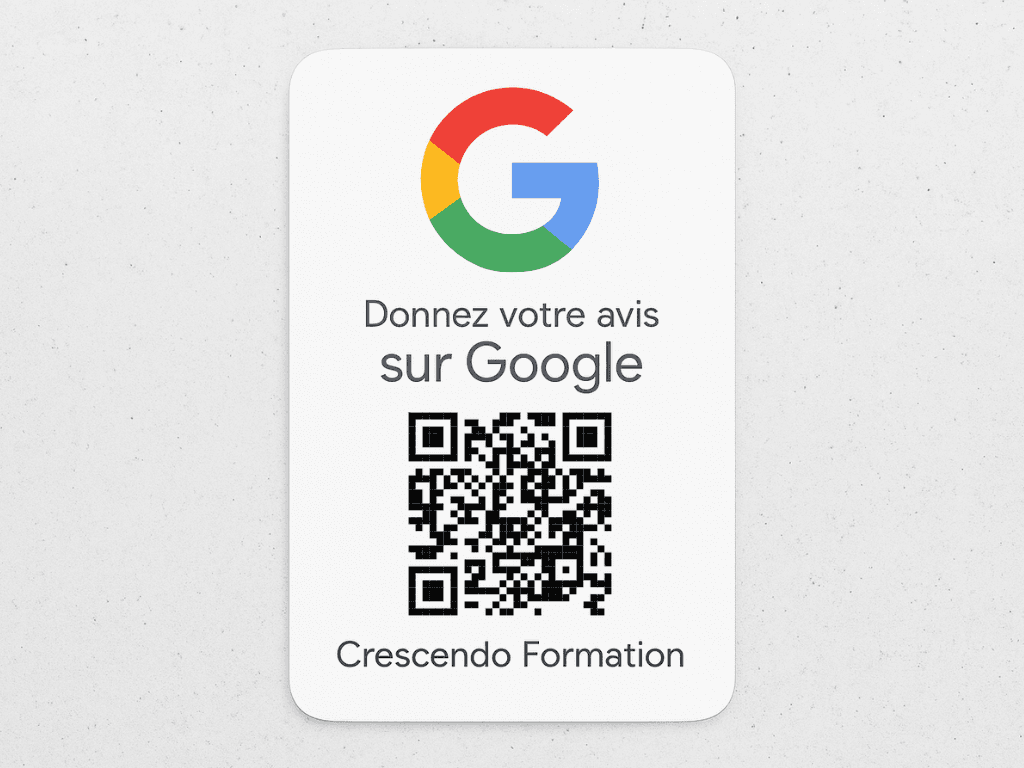 Carte verticale au design minimaliste avec le logo Google en haut, le texte “review us on Google” au centre, puis un QR code permettant de laisser un avis, et le nom de l’établissement “Crescendo Formation” inscrit en bas. Le fond est blanc avec des bords arrondis.