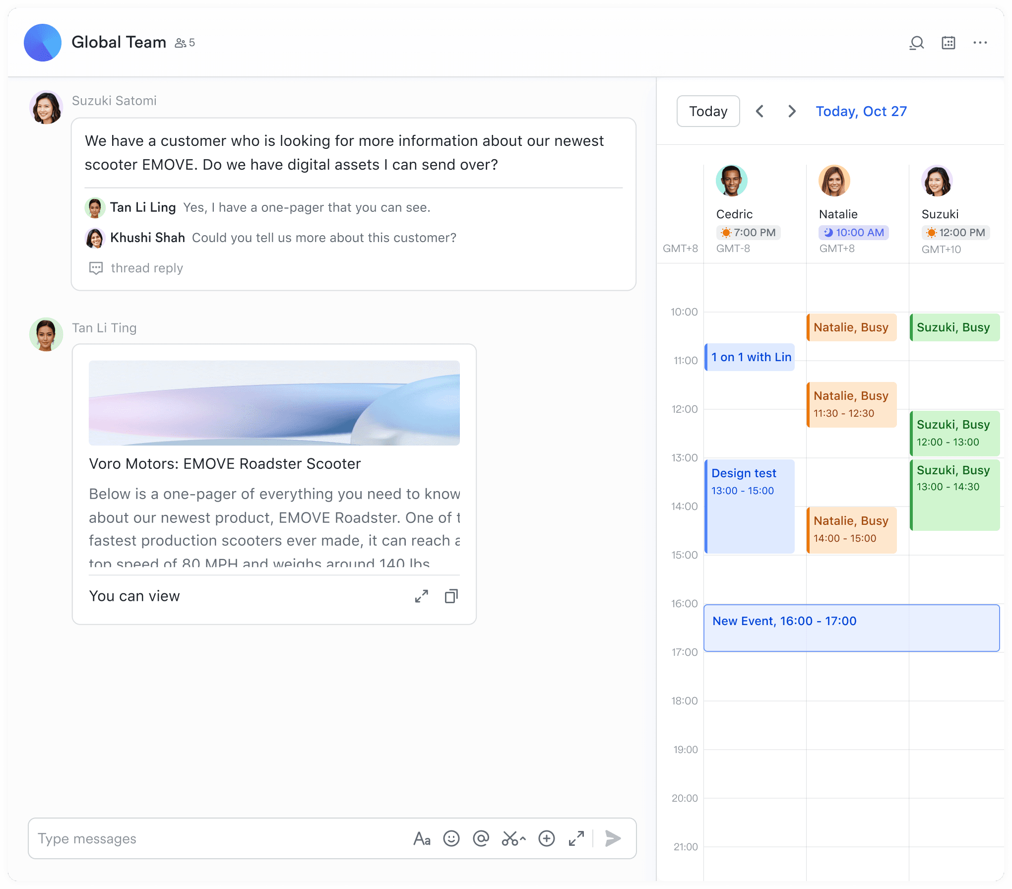 Lark calendar app with side-by-side cross border calendars