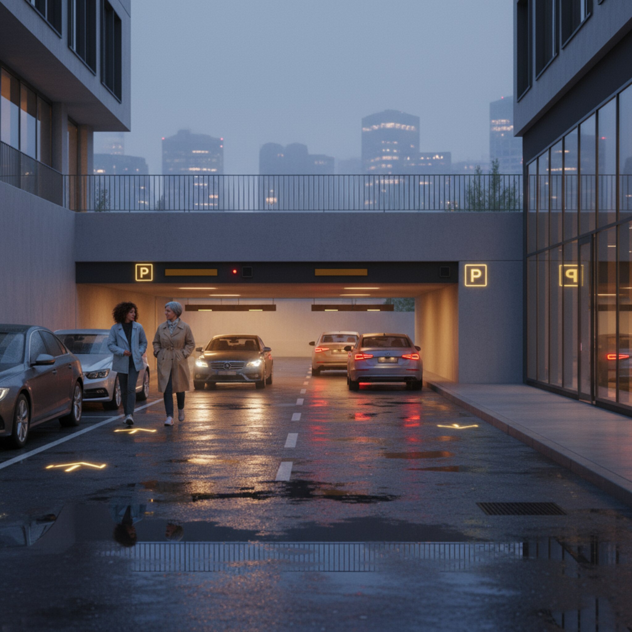 Dämmerung über einem Stadtquartier, die Parkhauseinfahrt leuchtet warm. Autos reihen sich ruhig ein, reflektierende Tropfen glänzen auf dem Asphalt. Eine kleine Gruppe verlässt gemeinsam ihr Fahrzeug und folgt entspannt den dezenten Wegmarkierungen. Hinter ihnen glimmt die Skyline, während der Abend beginnt.