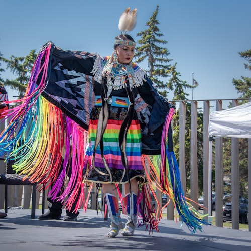 A person dances wearing a vibrant, multicolored outfit with long fringes on a stage, set outdoors against a backdrop of trees.