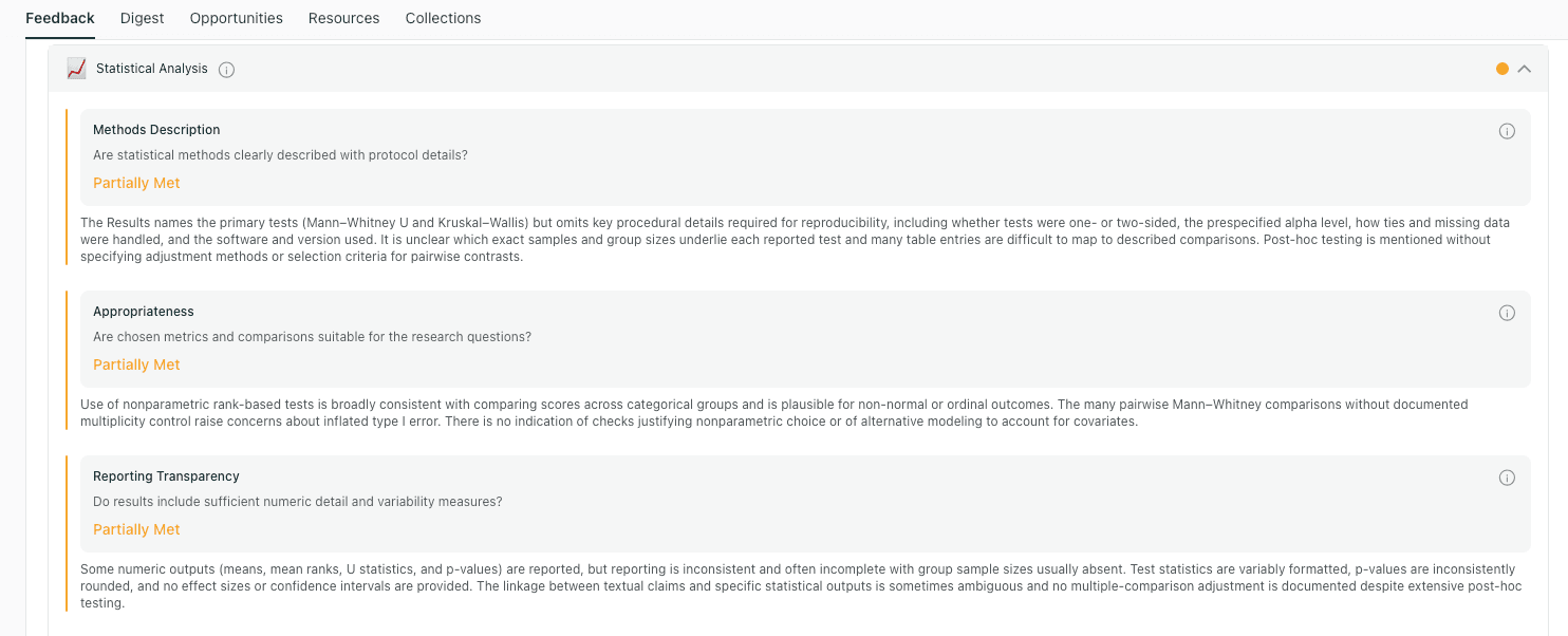 thesify rubric for statistical analysis showing methods description, appropriateness, and reporting transparency