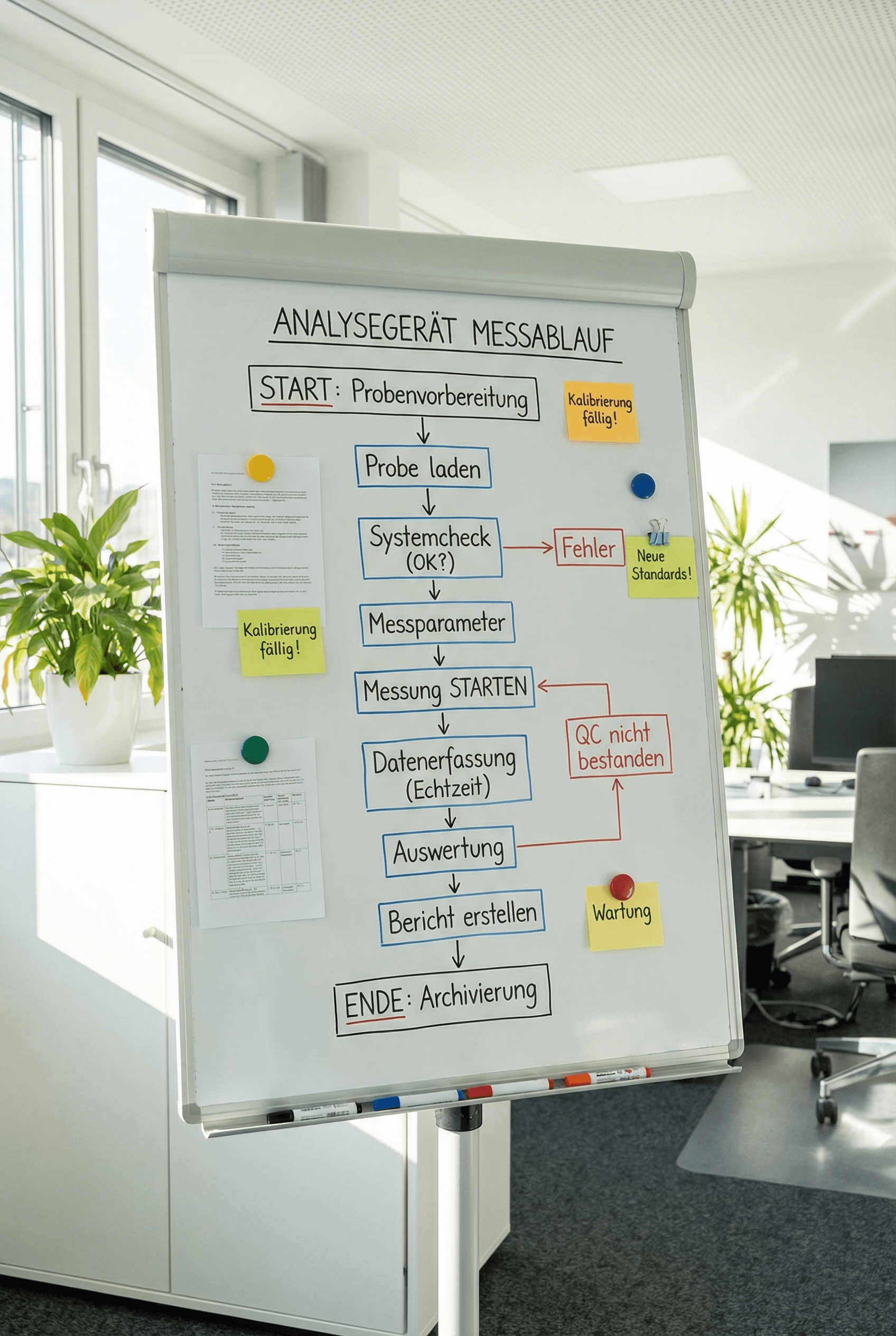 Flipchart mit Ablaufdiagramm zum Messprozess eines Analysegeräts in einem Büro mit Pflanzen und Schreibtischen im Hintergrund