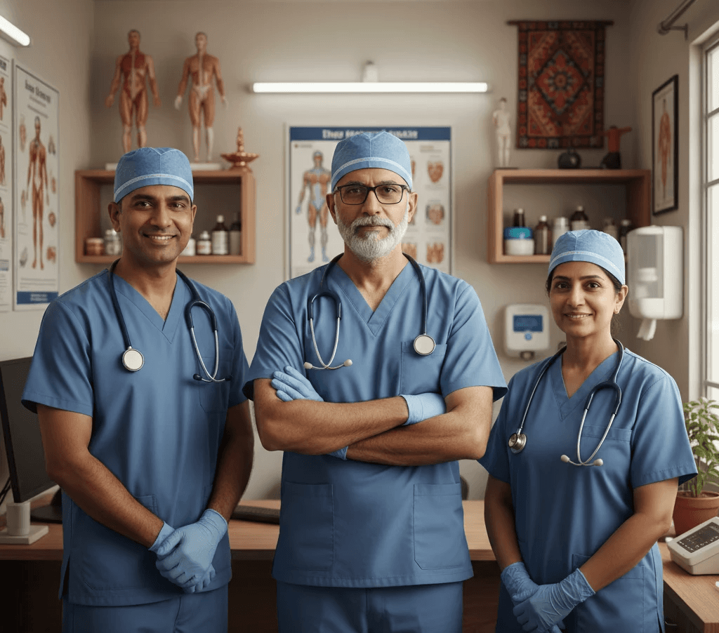 Three healthcare professionals in blue scrubs and surgical caps stand together confidently in a well-equipped clinic, smiling and ready to assist patients of all ages.
