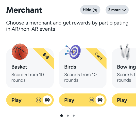 Qubi merchant selection screen with mini-games like Basket, Birds, and Bowling — users progress through AR and non-AR events to earn rewards.