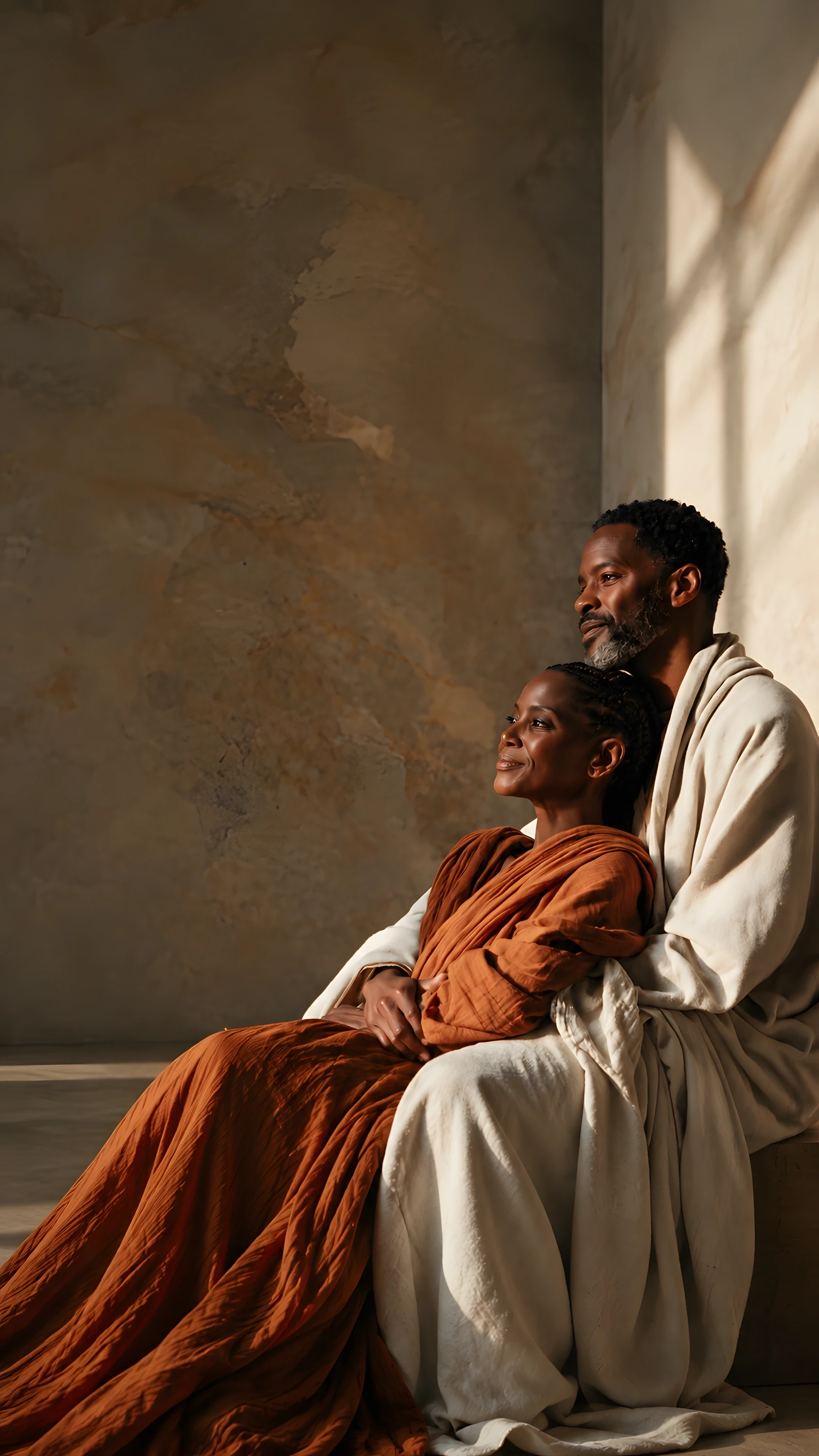 Older couple seated together in morning light against a warm textured earth wall
