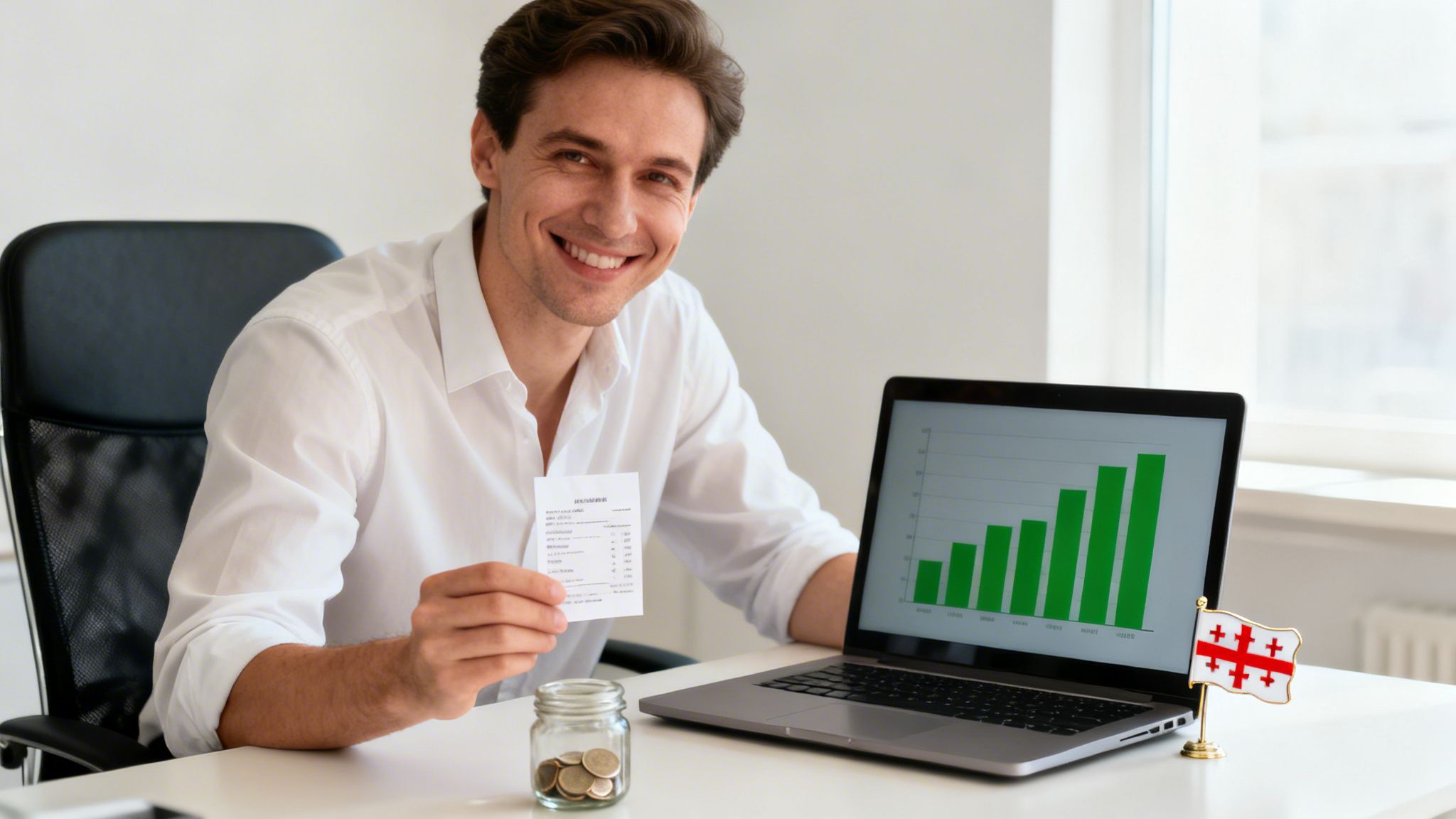 Leende man håller kvitto framför laptop med diagram, myntburk och georgisk flagga på kontor.