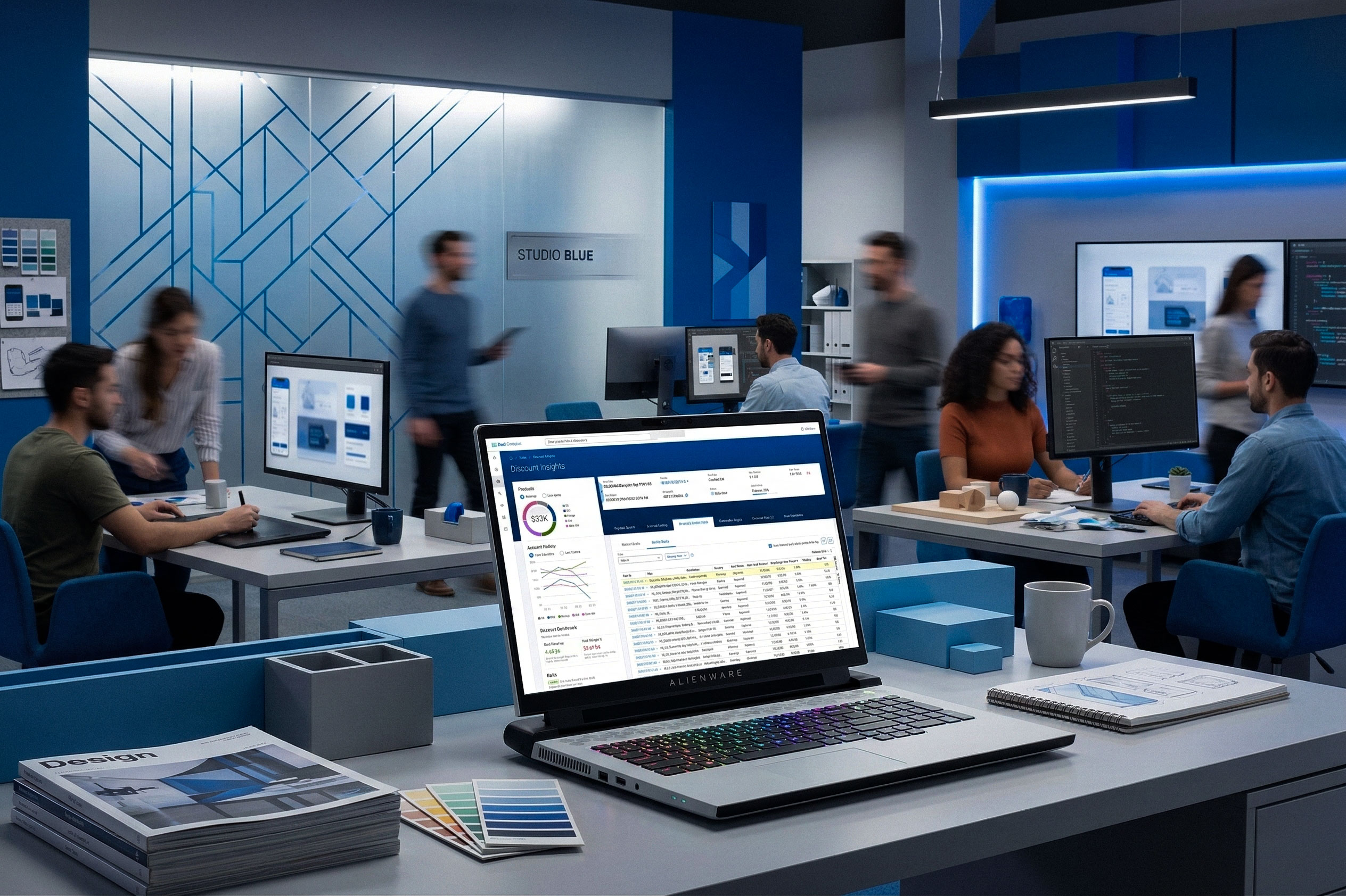 An alienware laptop resting on an office with an enterprise webapp running in screen
