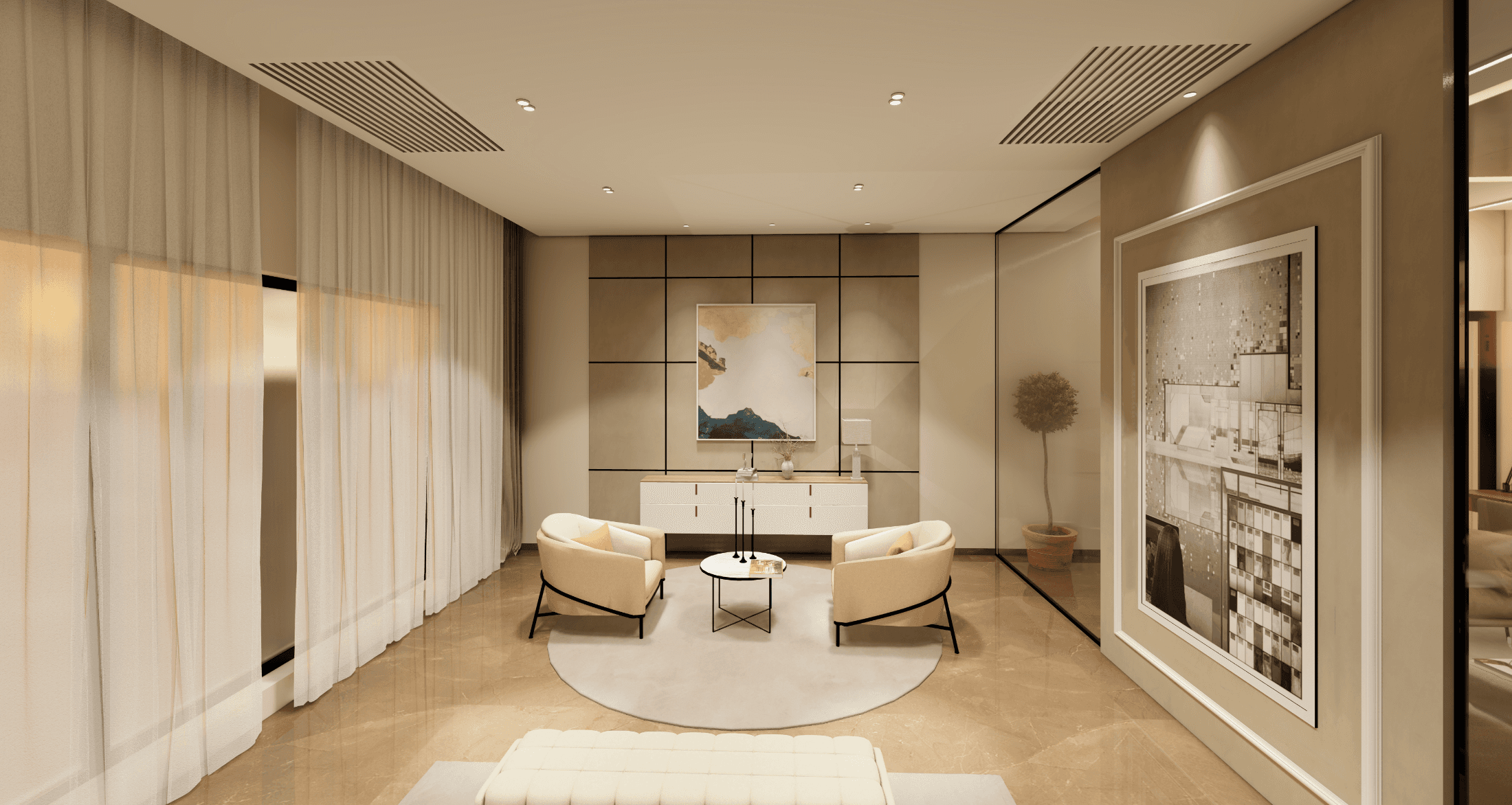 Warm minimalist luxury living with beige tones, curved armchairs, sheer curtains, abstract art, and soft diffused lighting creating a calm, high-end interior.