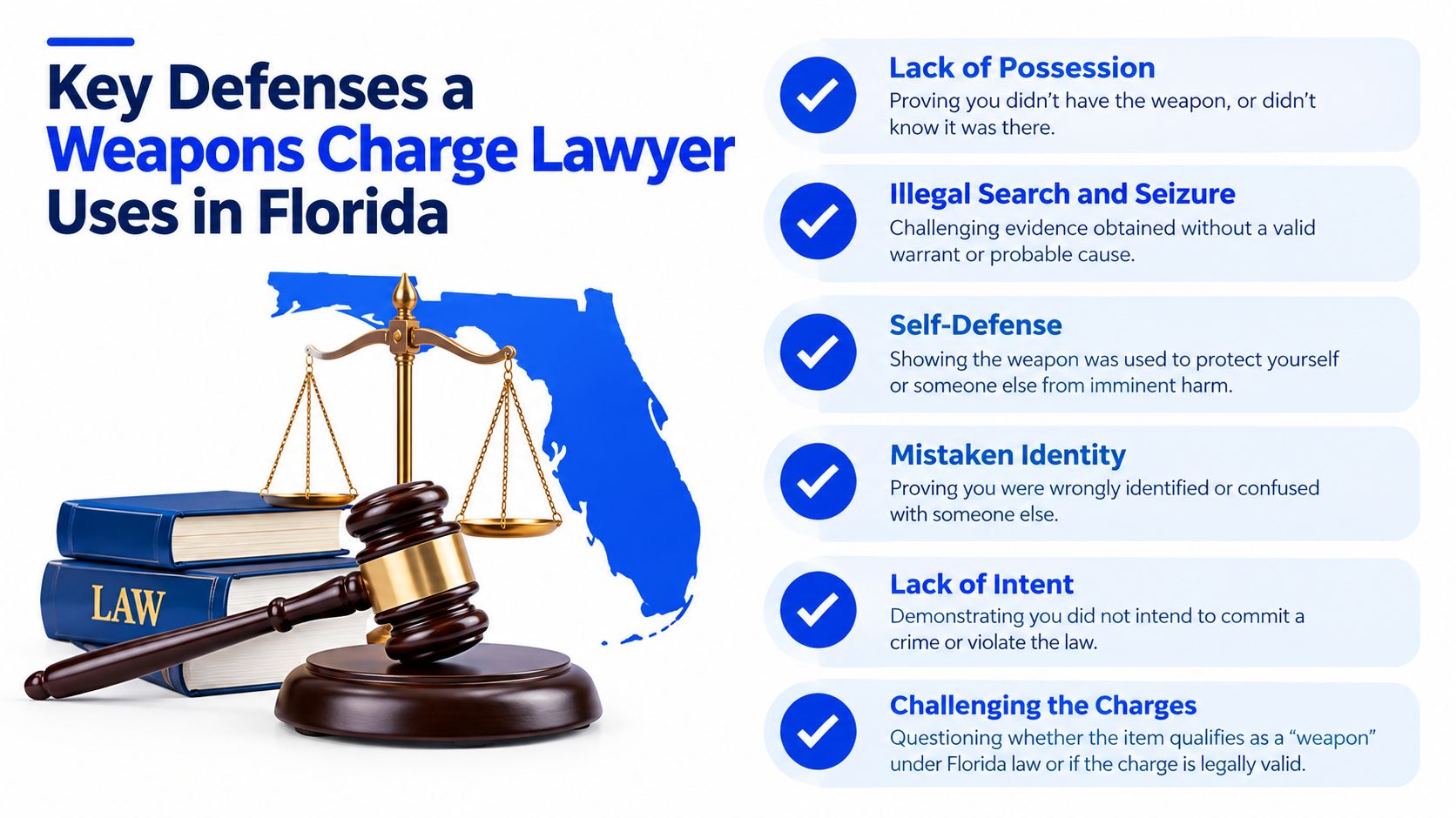 A legal graphic outlining key defense strategies used by weapons charge lawyers in the state of Florida.