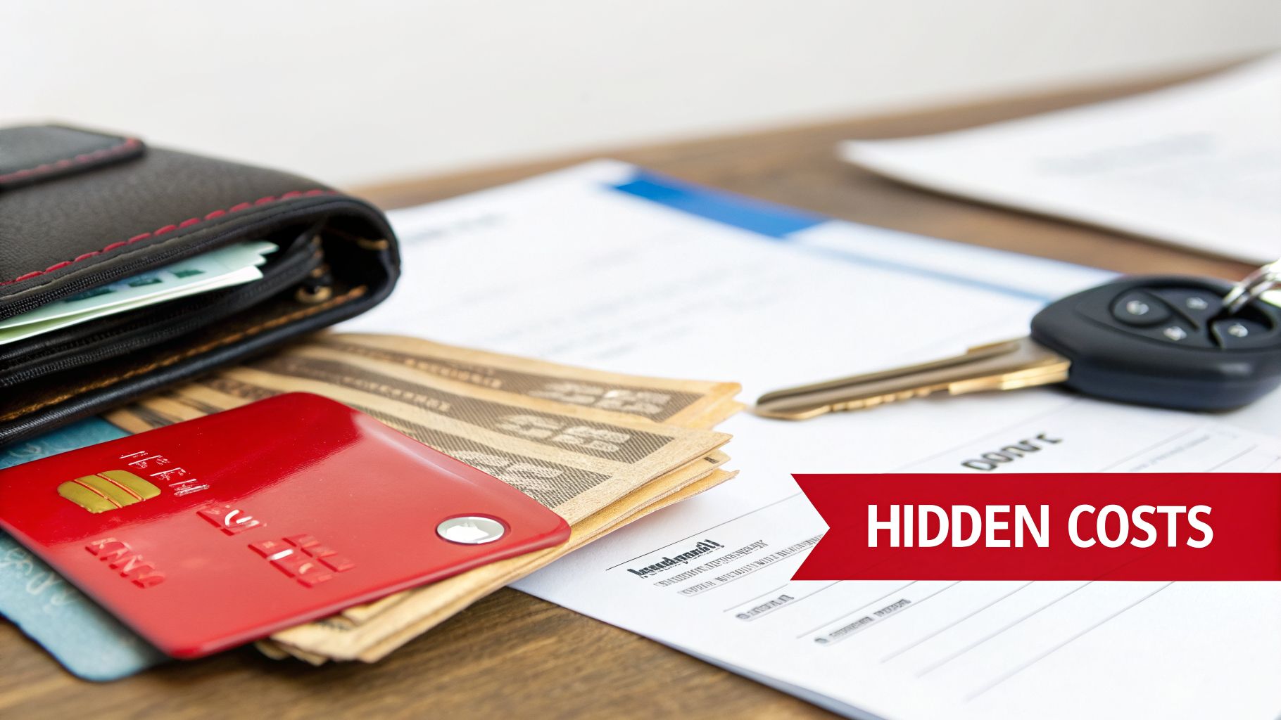 A wallet, red credit card, cash, and car keys on documents with a 'HIDDEN COSTS' banner.