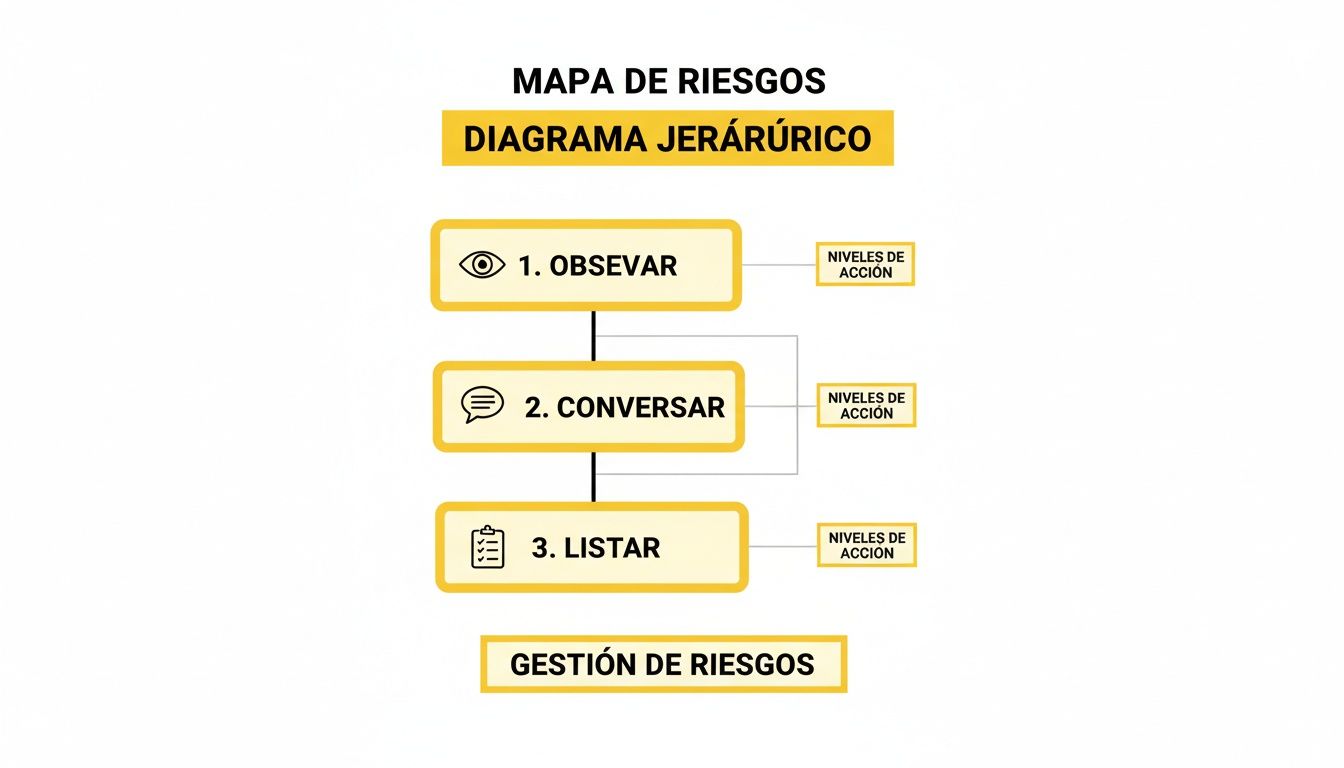 Diagrama jerárquico de gestión de riesgos con pasos observar, conversar y listar para definir niveles de acción.