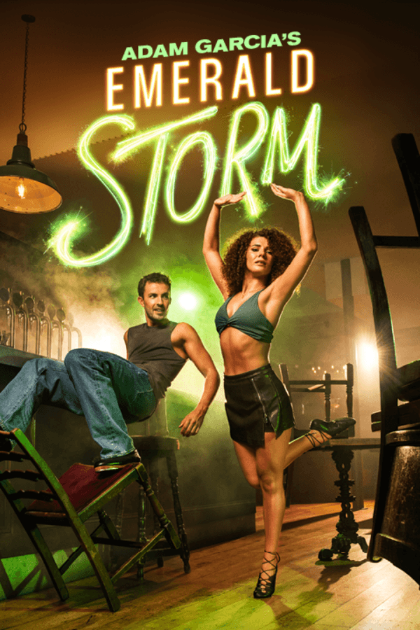 Dancers performing in a bar setting for Emerald Storm Westend show poster.