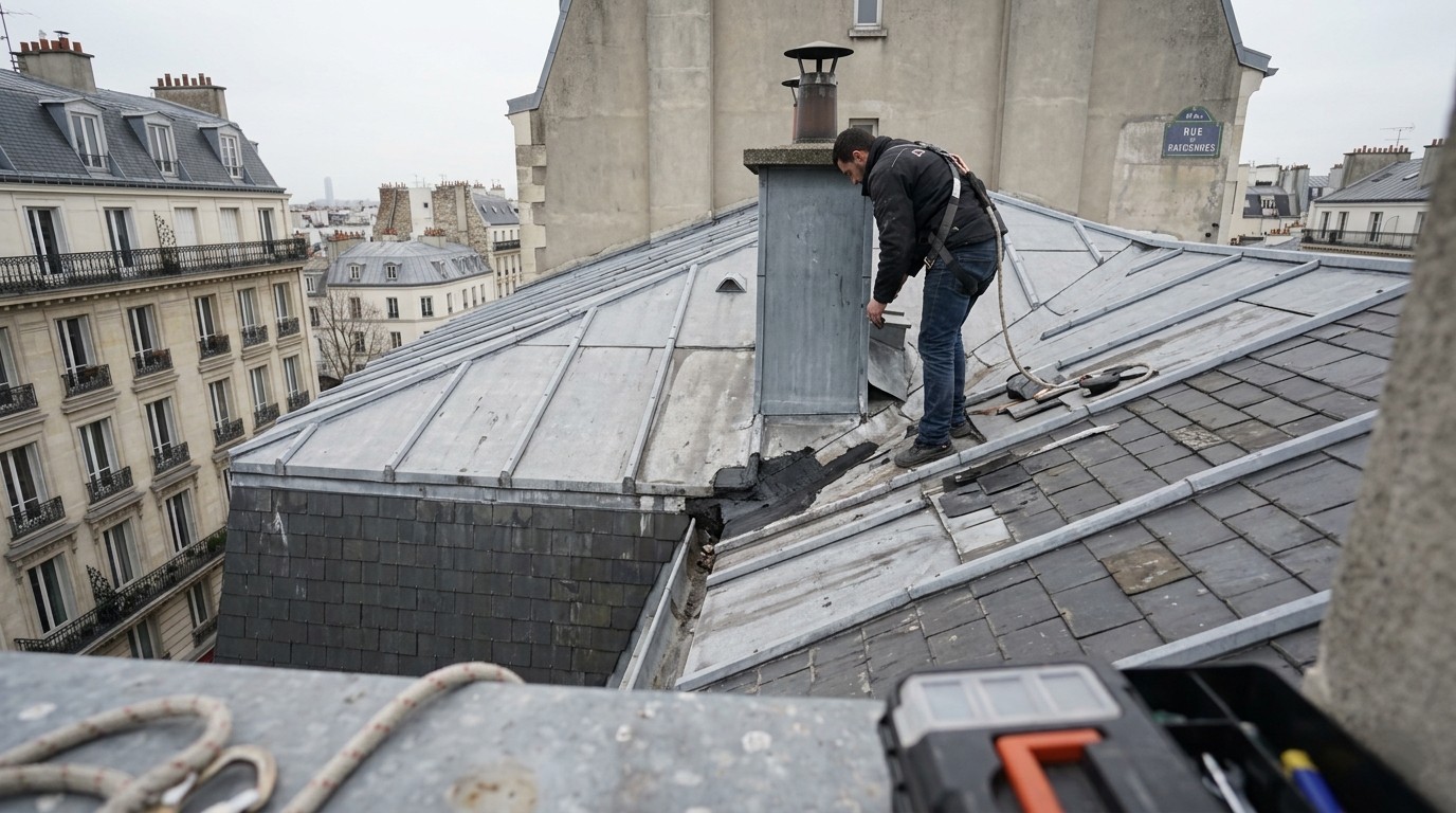 Intervention en hauteur sur une couverture zinc Couvreur harnaché au travail autour d’une souche de cheminée sur une toiture en zinc parisienne